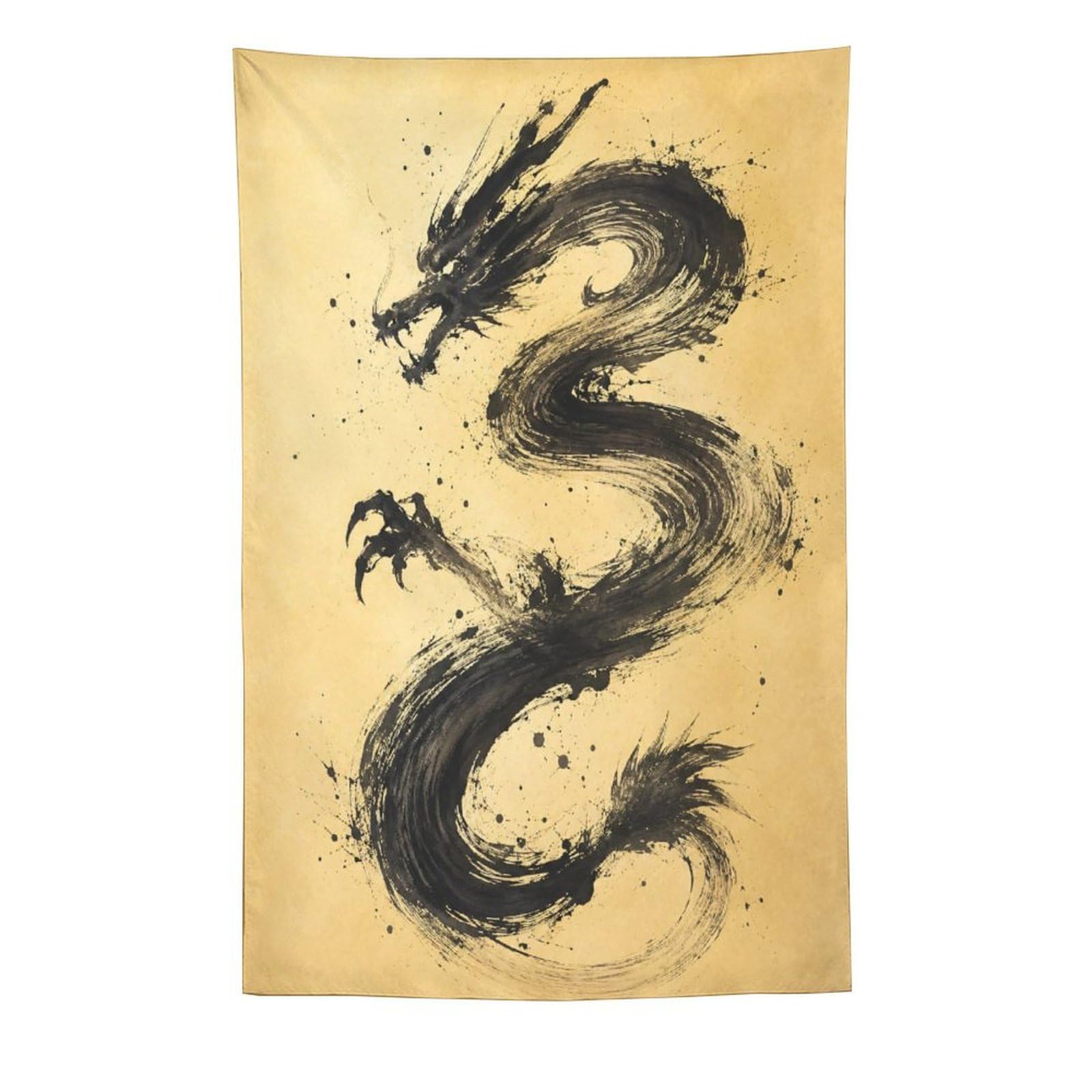 H3B8U2Y5 Black Dragon Brushstroke Wall Tapestry, Asian Ink, College Dorm