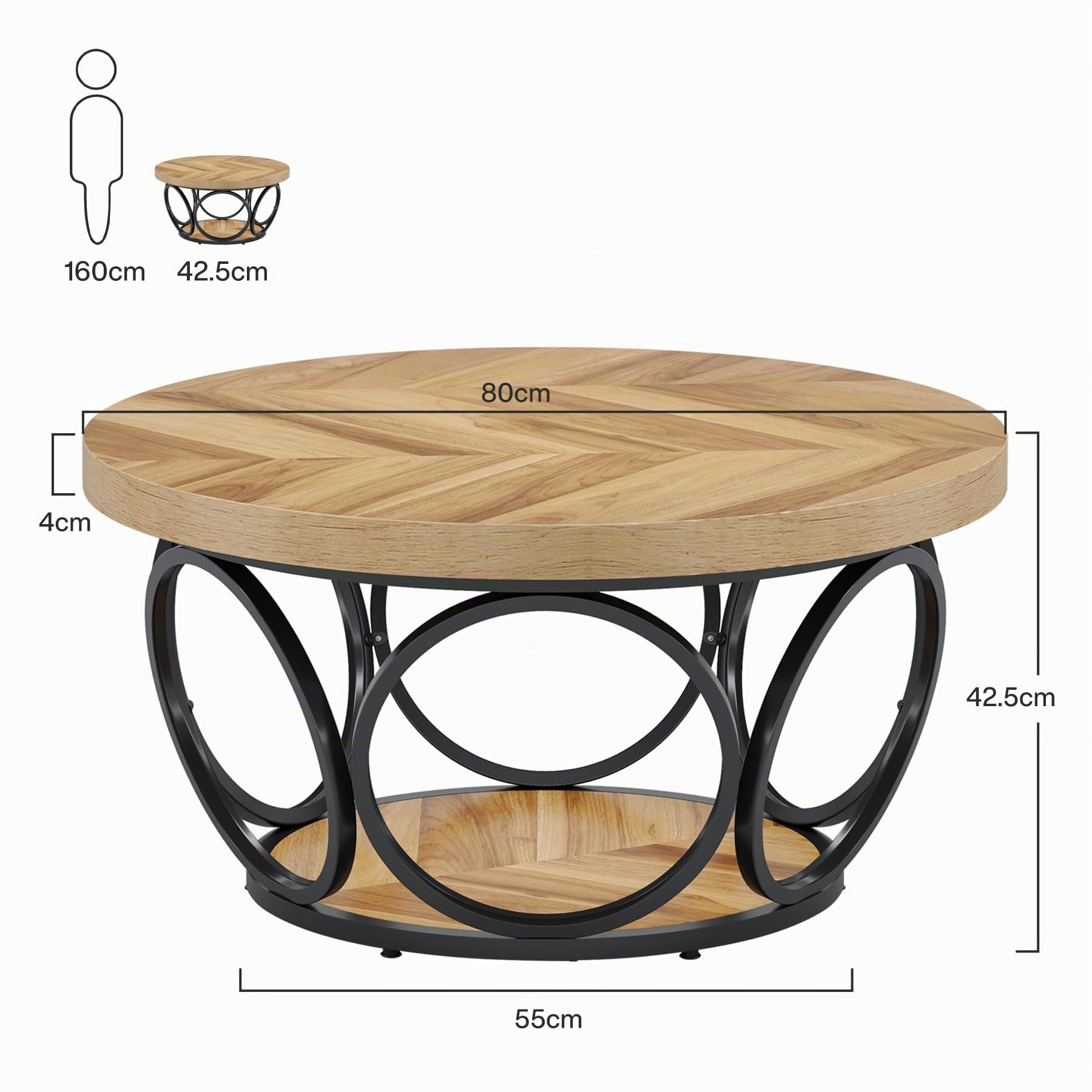 Tribesigns Tavolino Salotto Industriale - Piano Legno/Base Metallo, Tavolino Basso Rotondo a 2 Ripiani, Ø80cm x H43cm, Tavolino da caffè Moderno da Soggiorno (Venature Del Legno.)