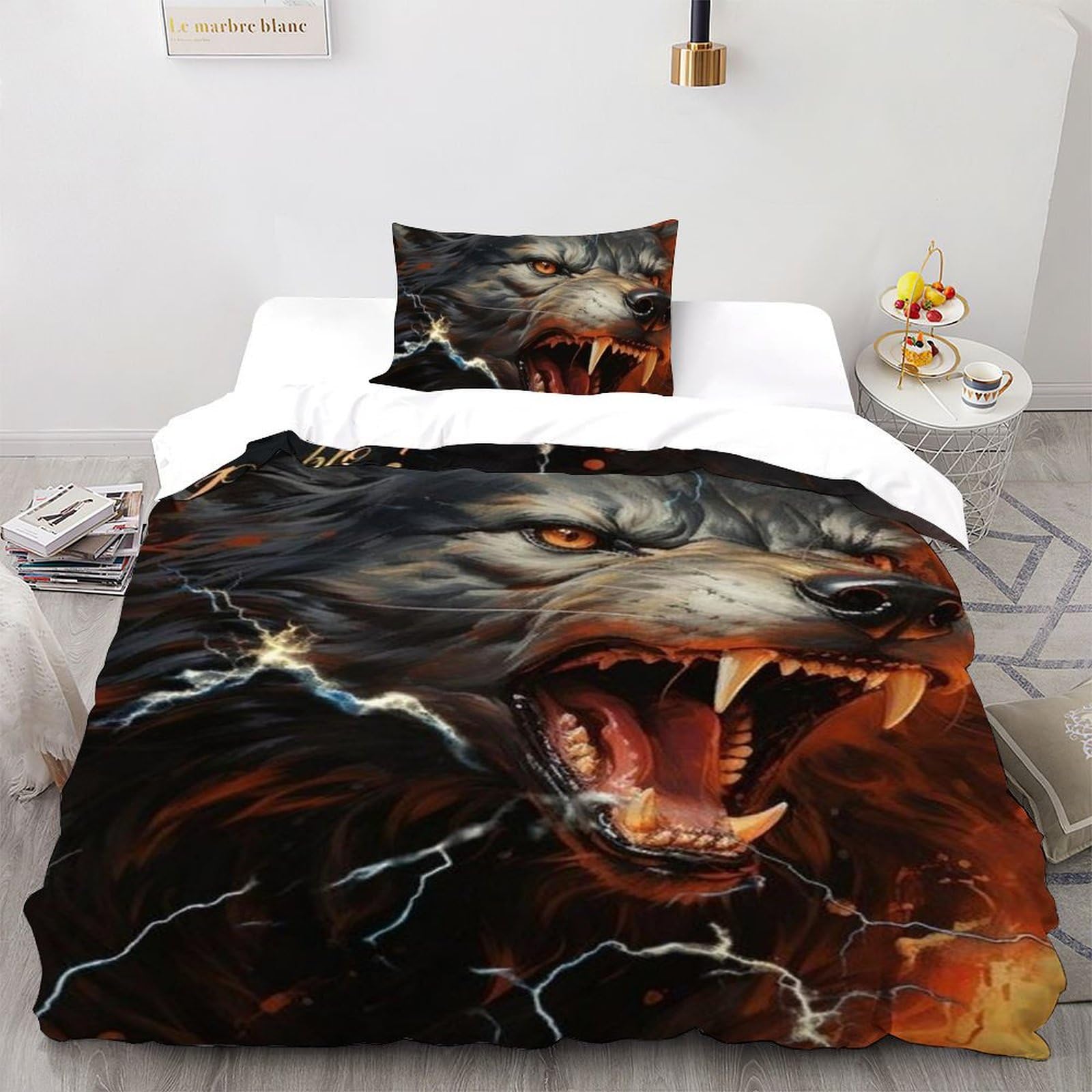 Housse de couette loup noir microfibre 135x200 parure lit enfant sans repassage