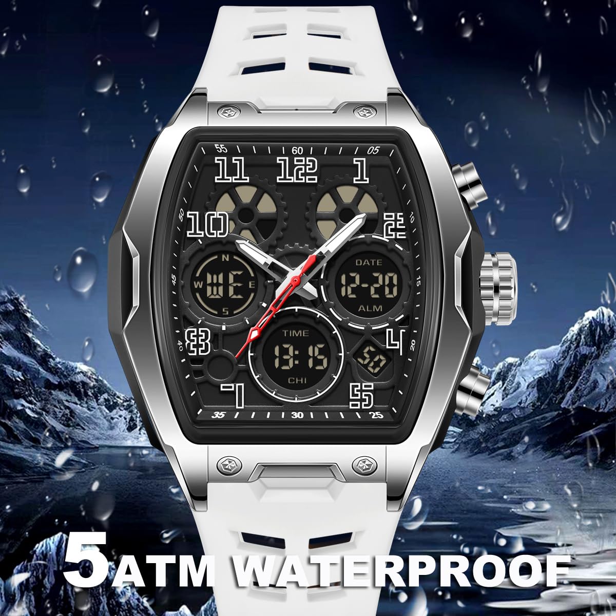findtime Reloj digital analógico para hombre, cuadrado, único, deportivo, militar, táctico, resistente al agua, con cronómetro, alarma, cuenta regresiva, calendario luminoso, pantalla curvada