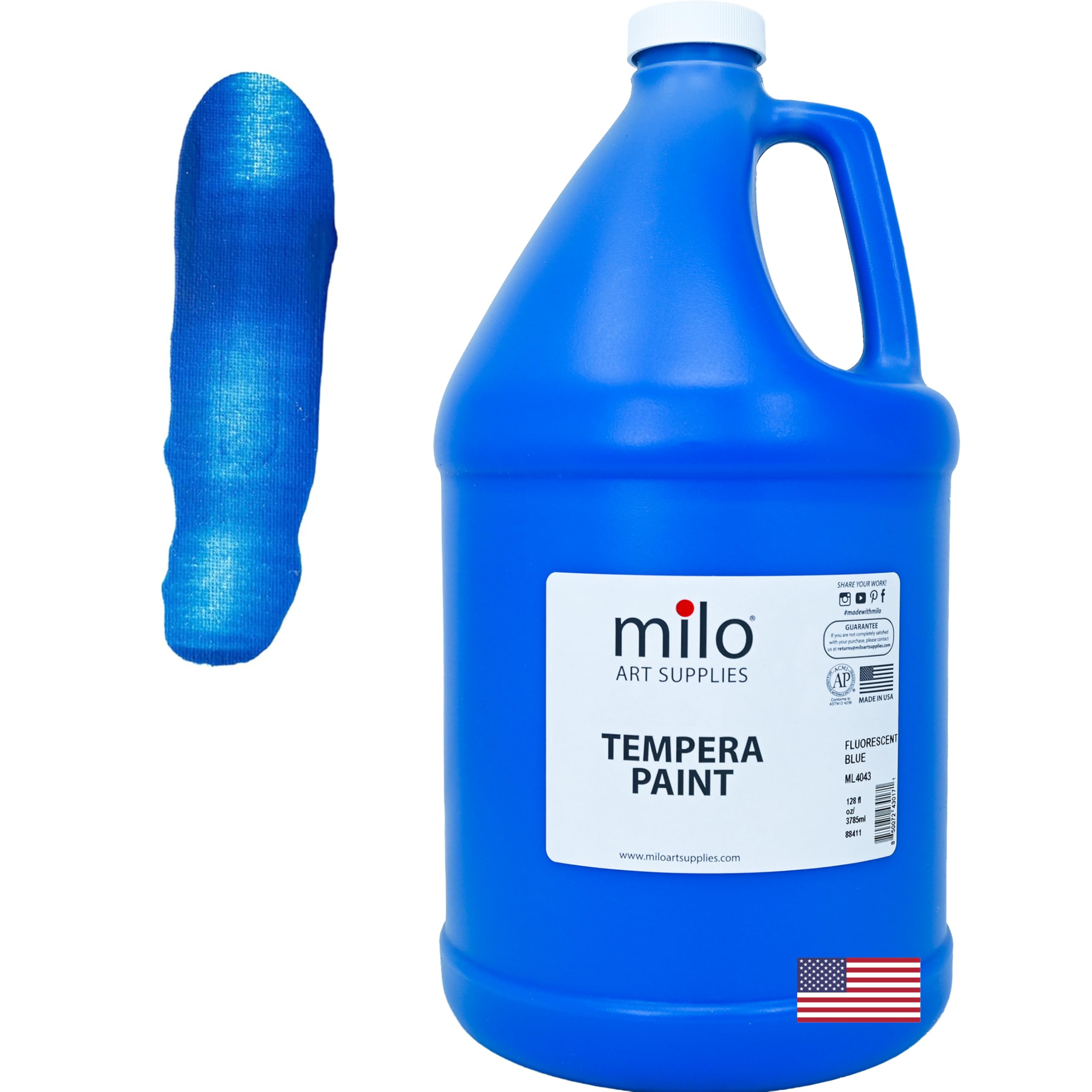 milo Fluorescent Blue Neon Tempera Paint | 128 oz Bottle, 1 Gallon | Glows UV in Black Light | Non-Toxic Made in USA | Washable Bulk Art Paint for