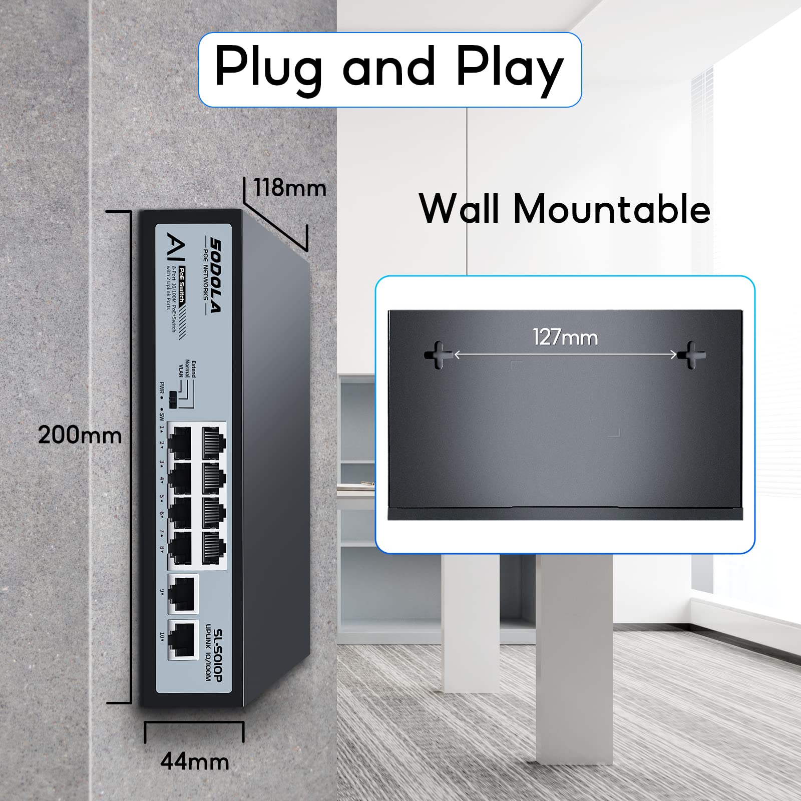 SODOLA 10 porte PoE Switch 100Mbps/8 PoE+, 2 Uplink Ethernet, 120W 802.3af/at, estendere la funzione, commutatore di rete non gestito del metallo senza ventola Plug & Play