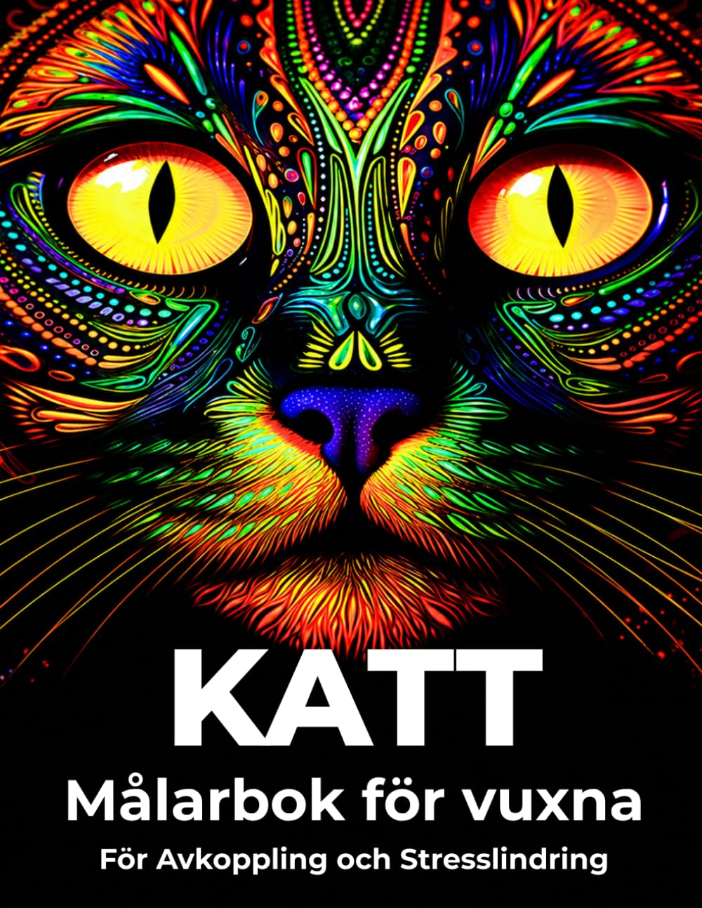 Katt Målarbok för vuxna: För Avkoppling och Stresslindring – 50 Mandala Kattmotiv på Svart Bakgrund (Enkla och Avkopplande Kreativa Målarböcker)