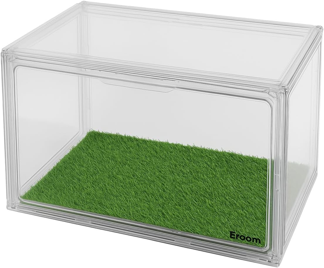 Eroom Global 2 Pack Clear Shoe Boxes with Artificial Grass Mat, Stackable Drop Front Sneaker Organizer with Magnetic Door, Fits US Size 13