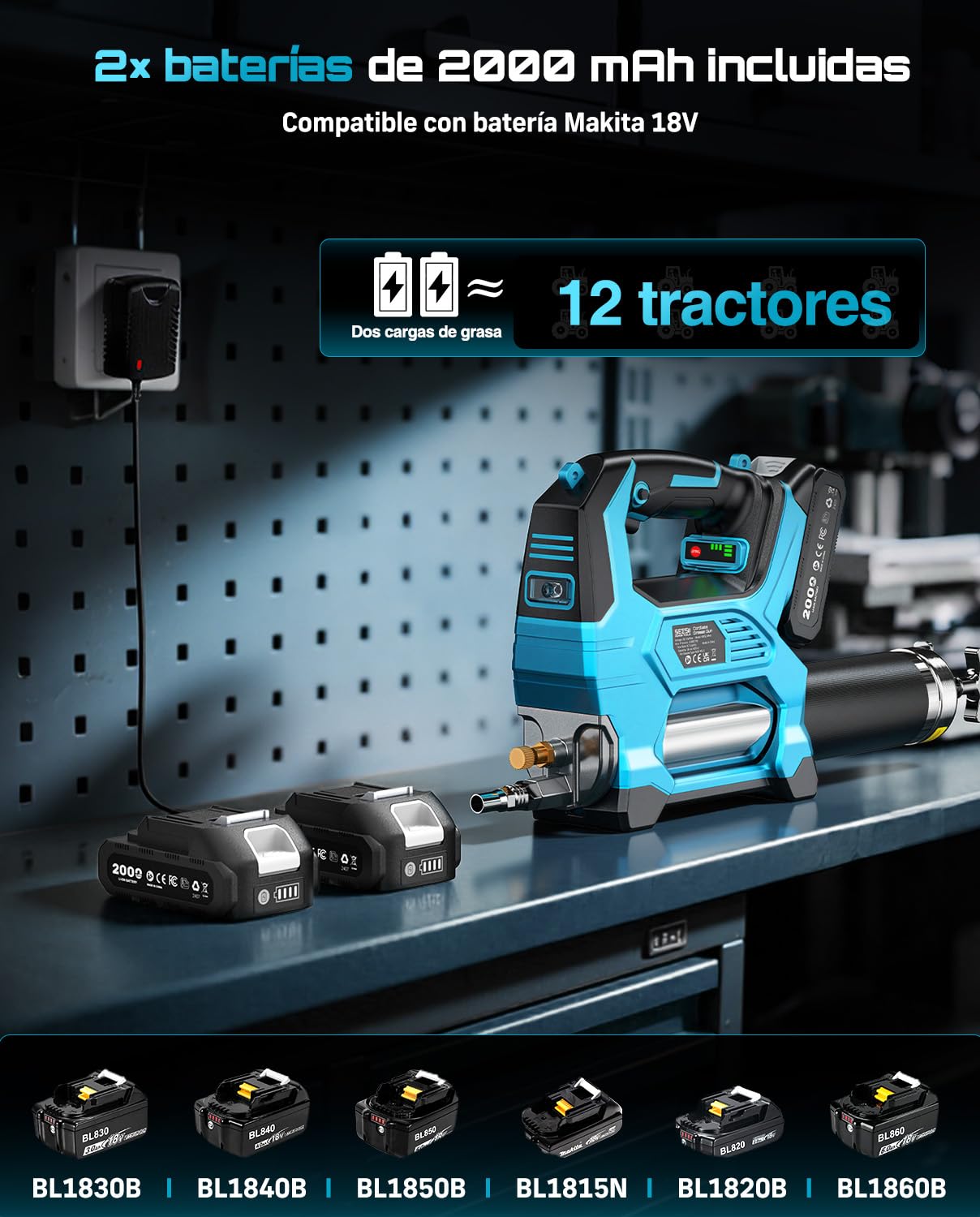 Seesii 12.000 PSI Engrasadora Batería con 2 Baterías, 3 Velocidades | Manguera de 1.2m, Acoplador de 90°, 3 Boquillas, Compatible con la batería Makita, Motor Brushless, para Equipos Pesados