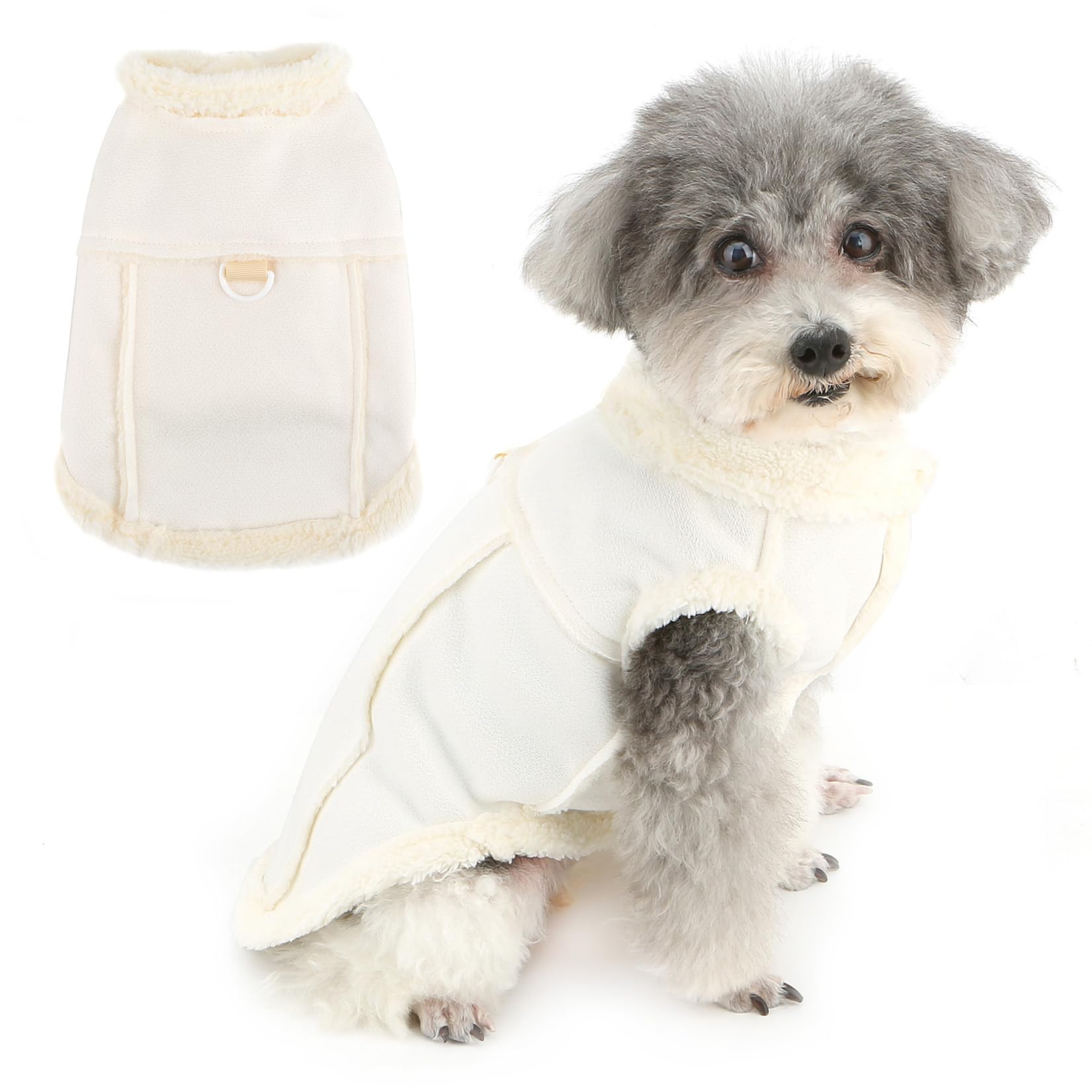 Zunea Winter Dog Coats for Small Dogs Cats Soft Warm Fleece Lined Puppy Jacket Coat with D-Ring Retro Vest Cold Weather Clothes Windproof Sweater Jumpers Pet Chihuahua Apparel Clothing White XS
