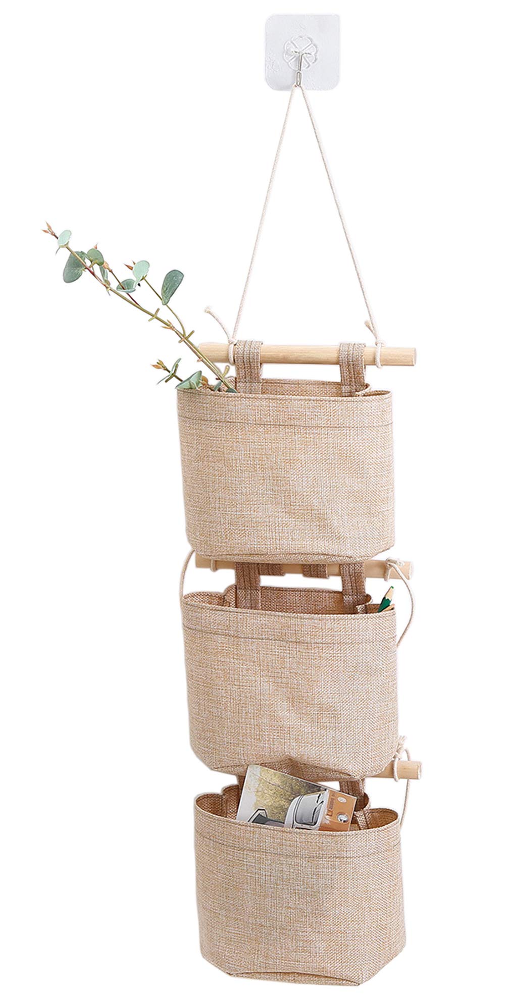 AARAINBOW 1 Pack Mini Cotton Linen Fabric Closet Detachable Foldable Washable Hanging Storage Bag with 3 Pockets Over The Wall Door Organizer for Room Bathroom (Khaki)