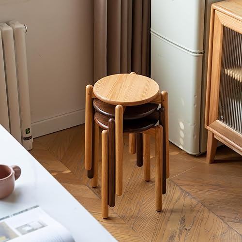 Miniatura 9 de Taburete redondo de madera 100% roble macizo, taburetes apilables con almohadillas antideslizantes para los pies, pequeños taburetes de tocador para