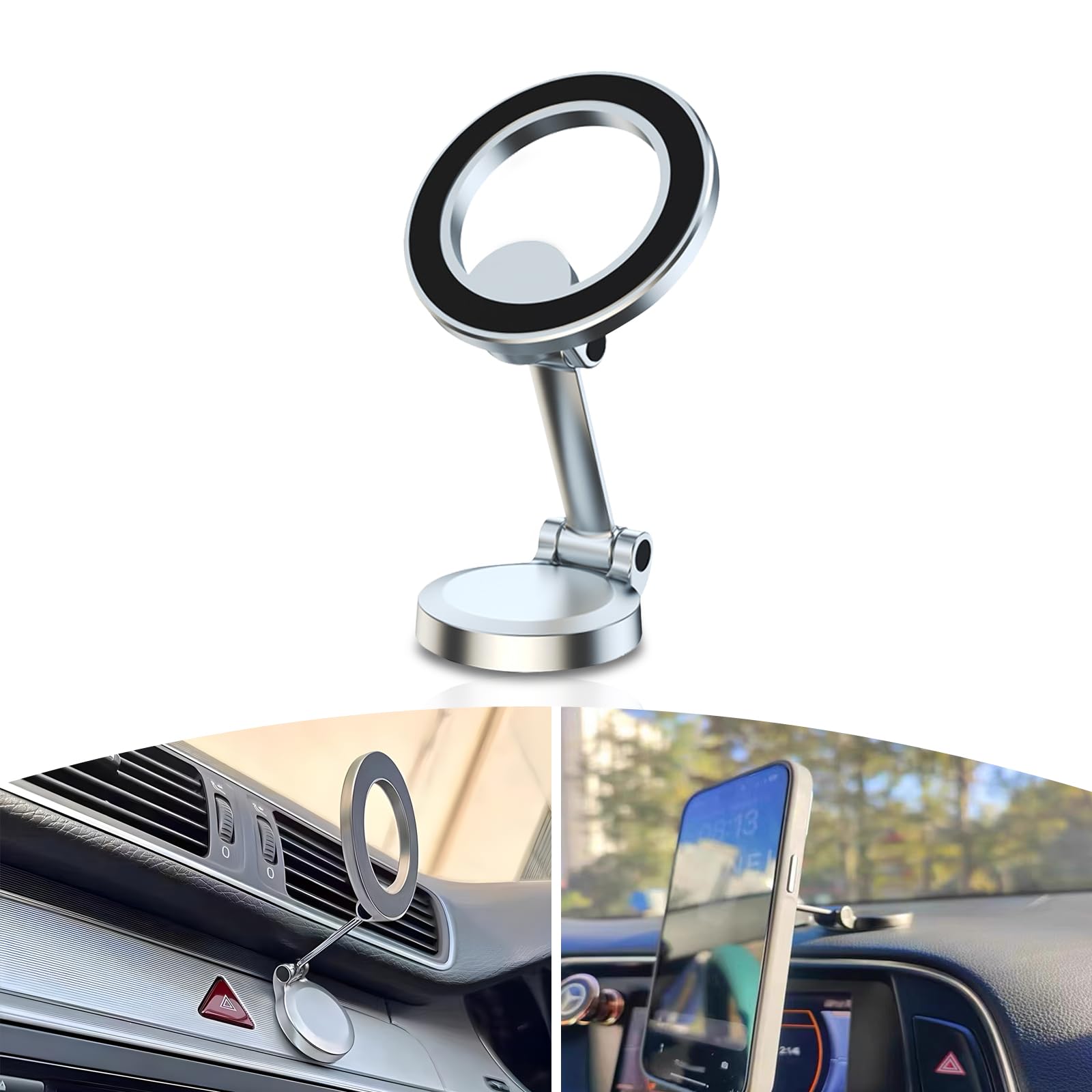 1 PC Car Mobile Phone Holder, 1080 Degree Wide-Angle Foldable Adsorption One-Handed Operation Navigation Stand, Paste Fixed Anti-Shake Bracket, Universal for iPhone 15/14/13/12 Pro (Silver)