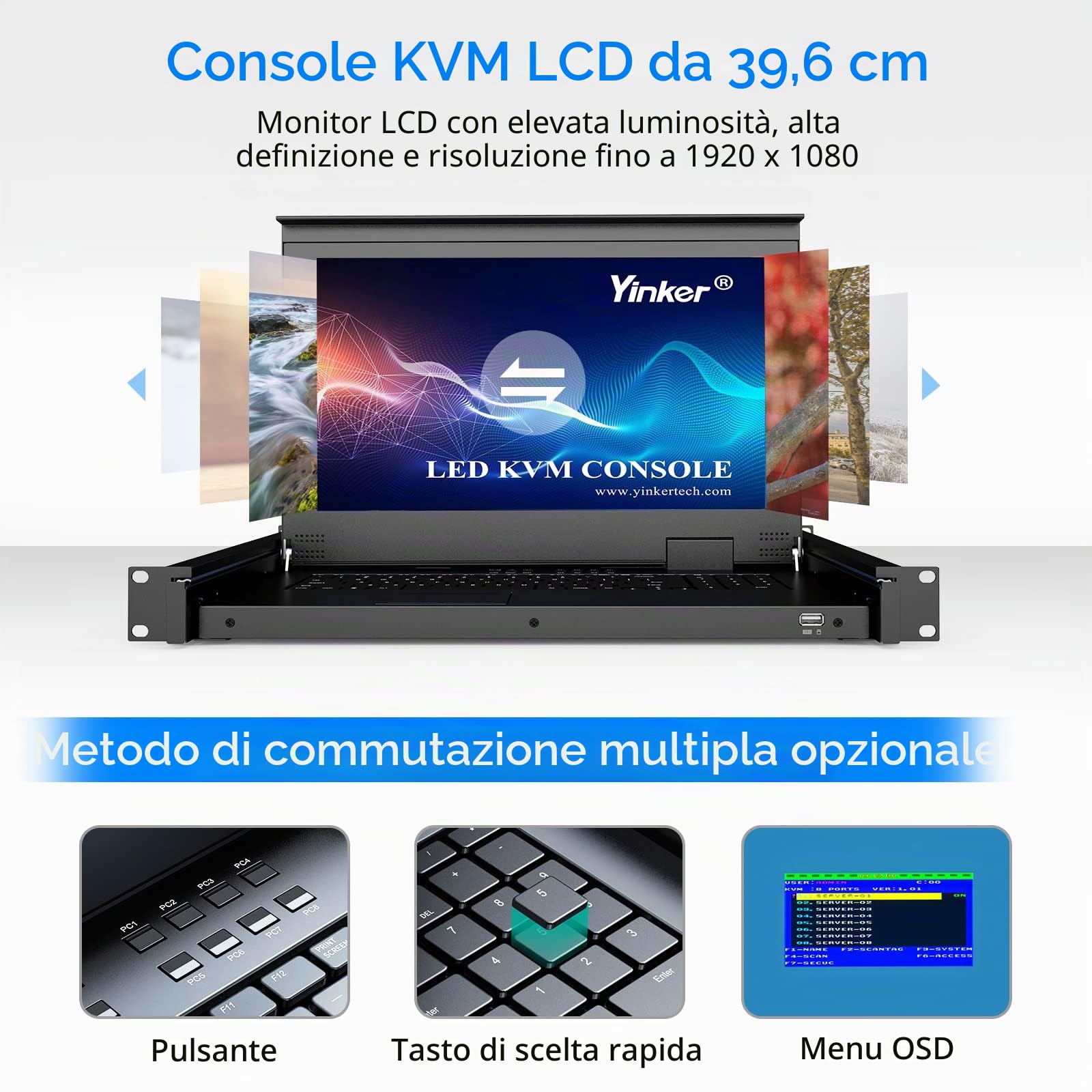 15,6 Console KVM LCD per montaggio su rack a 8 porte misura rack da 1U da 19 pollici con cavi KVM per server di rete da 600 mm con tastiera touchpad