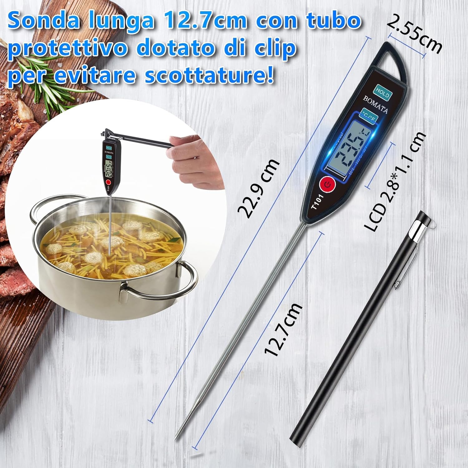 BOMATA Termometro impermeabile IPX7 per alimenti a lettura immediata sonda lunga T101 Nero