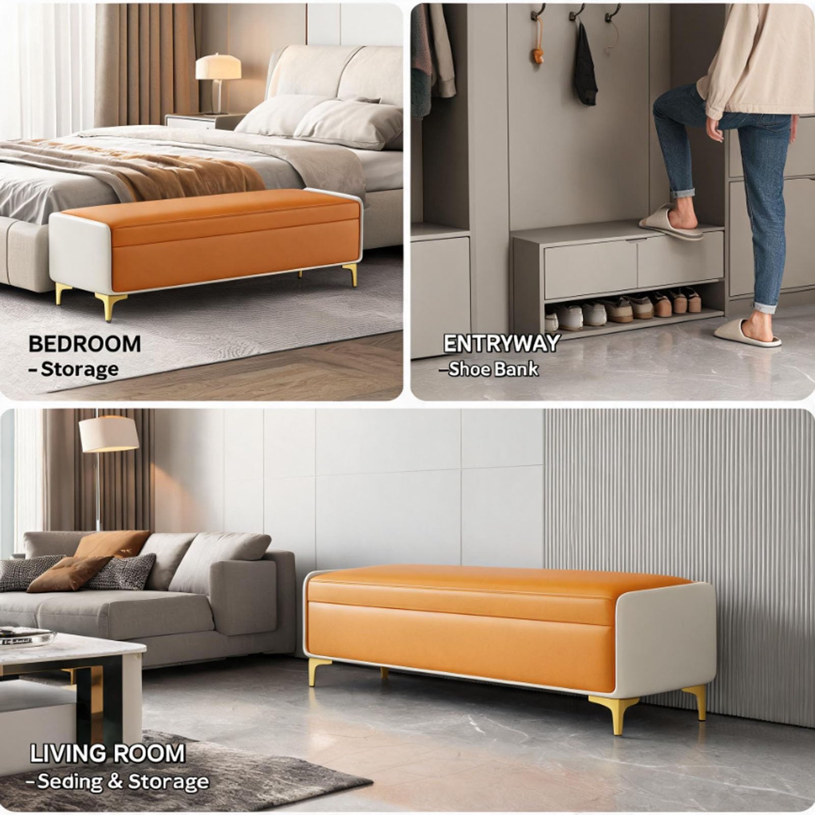 Panca Contenitore Elegante in Pelle, Cassapanca Fondo Letto con Telaio in Legno Massiccio e Gambe in Metallo, Pouf Portaoggetti per Camera da Letto, Soggiorno e Ingresso(C,120cm/47.2in)