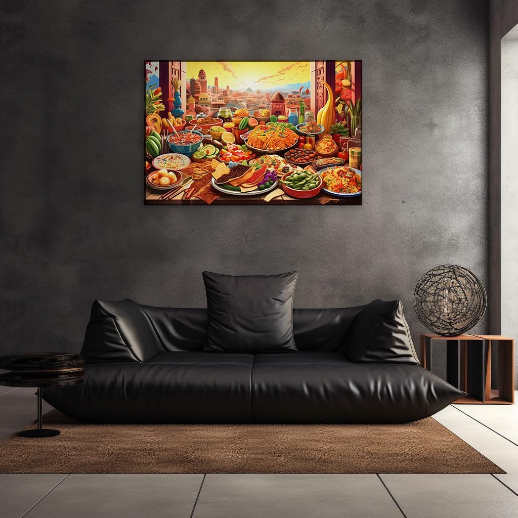 Canvas for Living room. Feast Your Eyes on a Lavish Spread Against the Backdrop of a Cityscape Vibrance, 27 x 18 inch Canvas Wall Art - Photographic Simplicity - Modern Home Decor