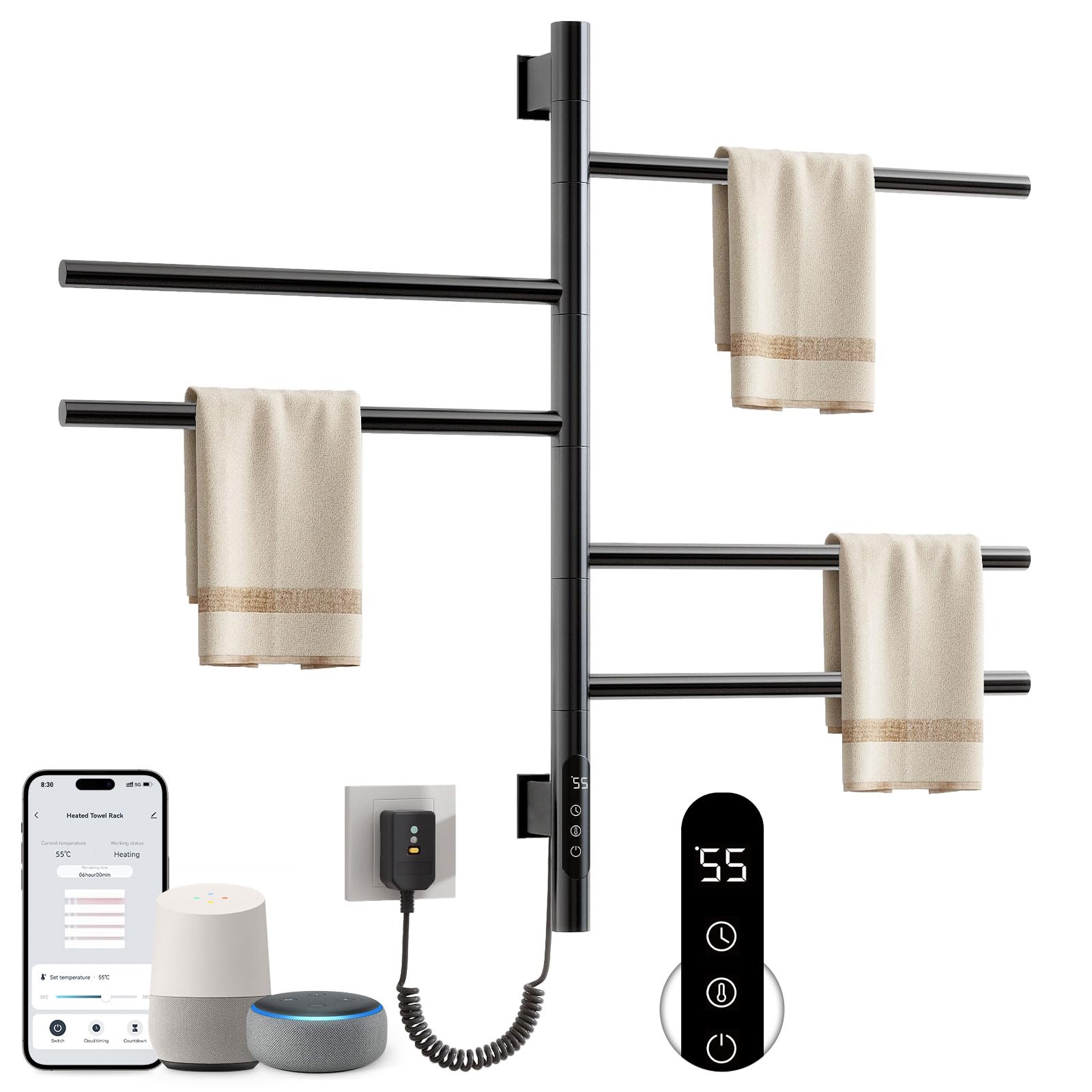 Radiador Toallero ElĆ©ctrico para BaƱo, Rotación de 180° Secatoallas elĆ©ctrico, 415 x 680mm, 85W, WiFi Negro Toallero Electrico BaƱo, Calentador Toallas, Secatoallas, Ahorro de energĆa-G63 WiFi Black