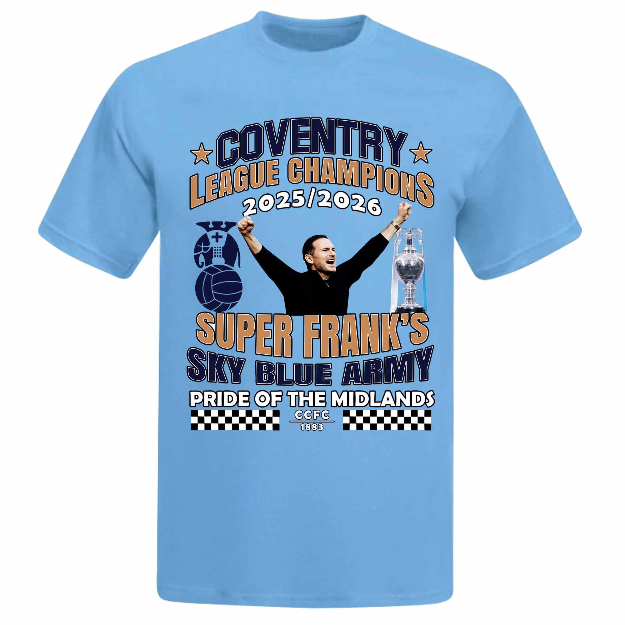 Beyond Happy Men's Multicolor Coventry 2026 League Champions T-Shirt 100% Cotton Sky Blues Winners Tee With Hd Front And Back Print Unisex Adult Sizes S-3Xl Supporter Shirt