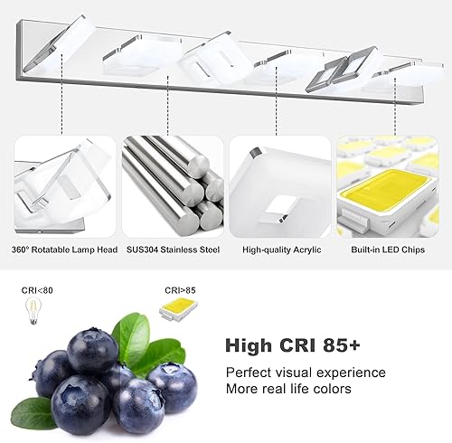 Miniatura 4 de Lámparas de baño regulables de 3 colores sobre el espejo, luces LED cromadas, de acero inoxidable acrílico, 6 luces de tocador de baño, ajustable