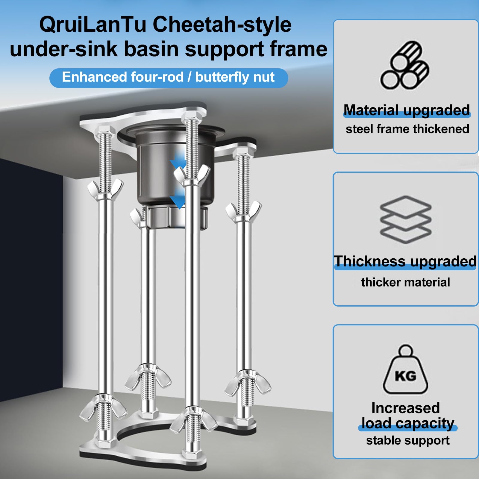 Support d'évier de cuisine encastrable pour économiser de l'espace - Kit de réparation d'évier vertical avec coussinets antidérapants absorbant les chocs - Support réglable en acier