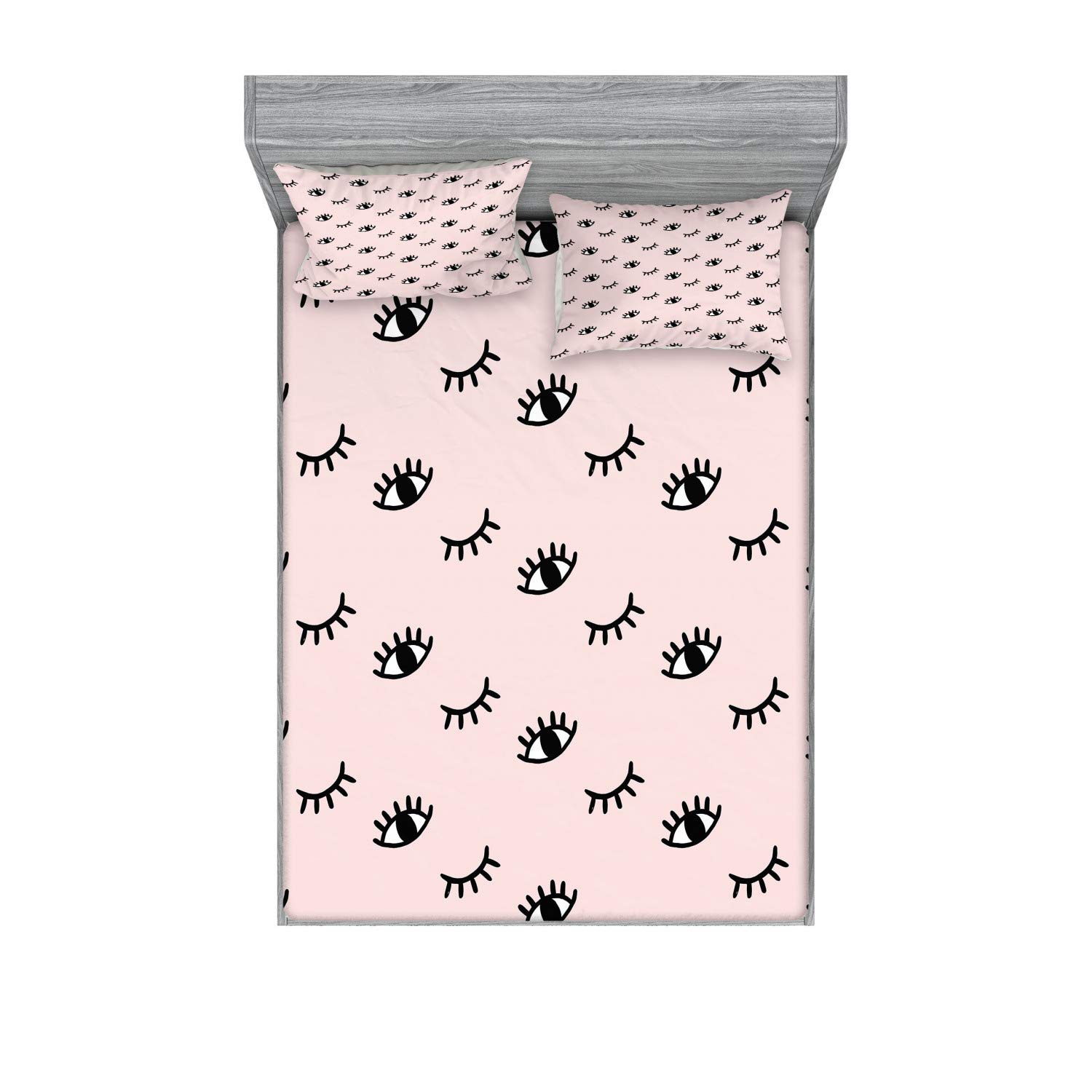 Ambesonne Eyelash Fitted Sheet & Pillow Sham Set, Doodle Style Open and Closed Eyes Hand Drawn Sketch Abstract Kids Design, Decorative Printed 3 Piece Bedding Decor Set, Calking, Rose Black