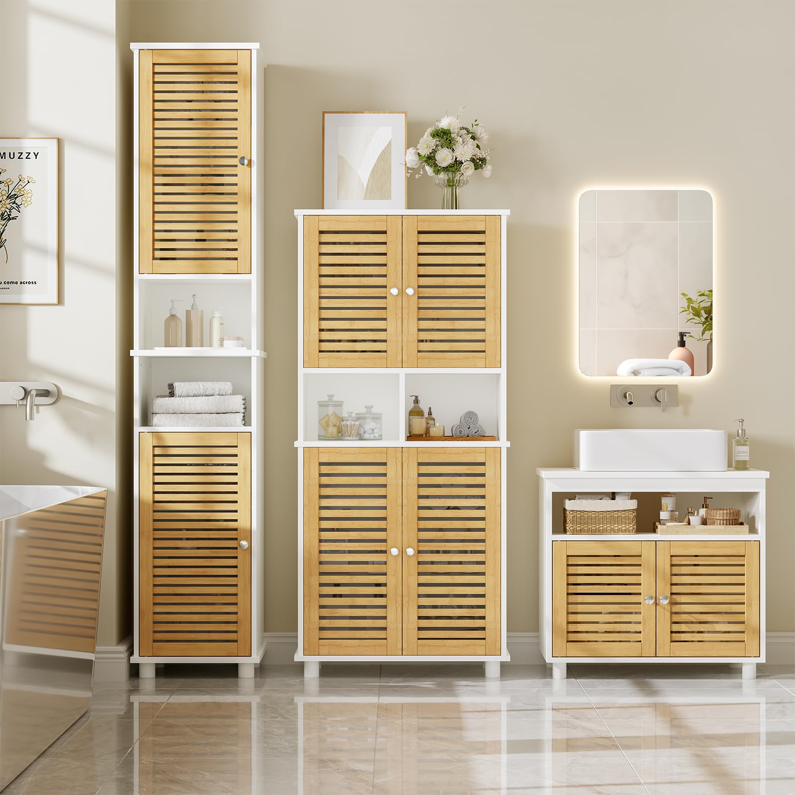 Mobile Alto da Bagno con Ripiani Regolabili, Mobiletto Bagno con 4 Ante in Bambù, Mobiletto Cucina Salvaspazio con 2 Scomparti Aperti, Mobiletto Multiuso per la Cucina, 60x30x128 cm
