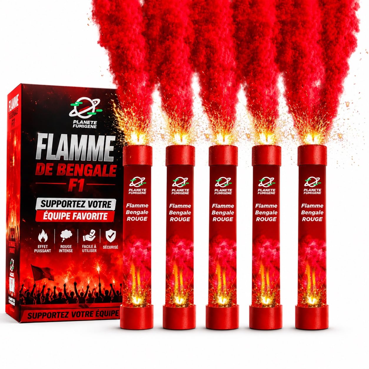 Fumigene Fiamma del Bengala, rosso vivo, confezione da 5, torcia durata 40 secondi, accensione a stoppino, colore fumigene da tenere in mano, ideale per eventi, tifosi sport categoria