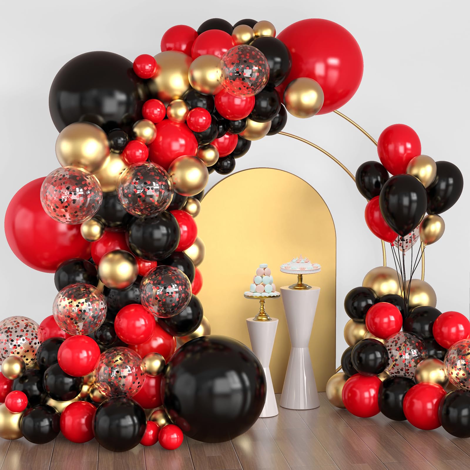 Red Black and Gold Balloon Arch Kit, 114PCS Red Black Gold Balloons 4 Size for Birthday, Casino Theme Party, Movie Night, New Year, Wedding, Graduation Party Decorations
