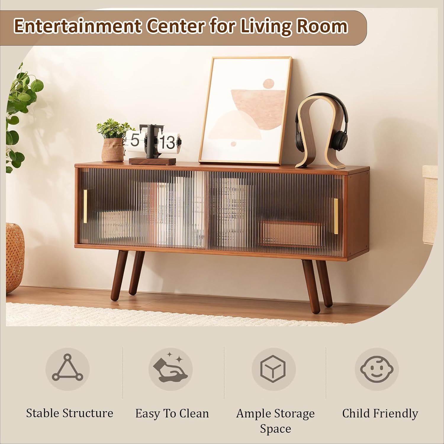 Bamboo TV Stand Entertainment Center, Mid-Century Modern Television Stand for 50-55 inch TVs, Rustic Brown Media Console Table, Open Storage Shelves for Living Room, Bedroom and Home Decor - Image 8