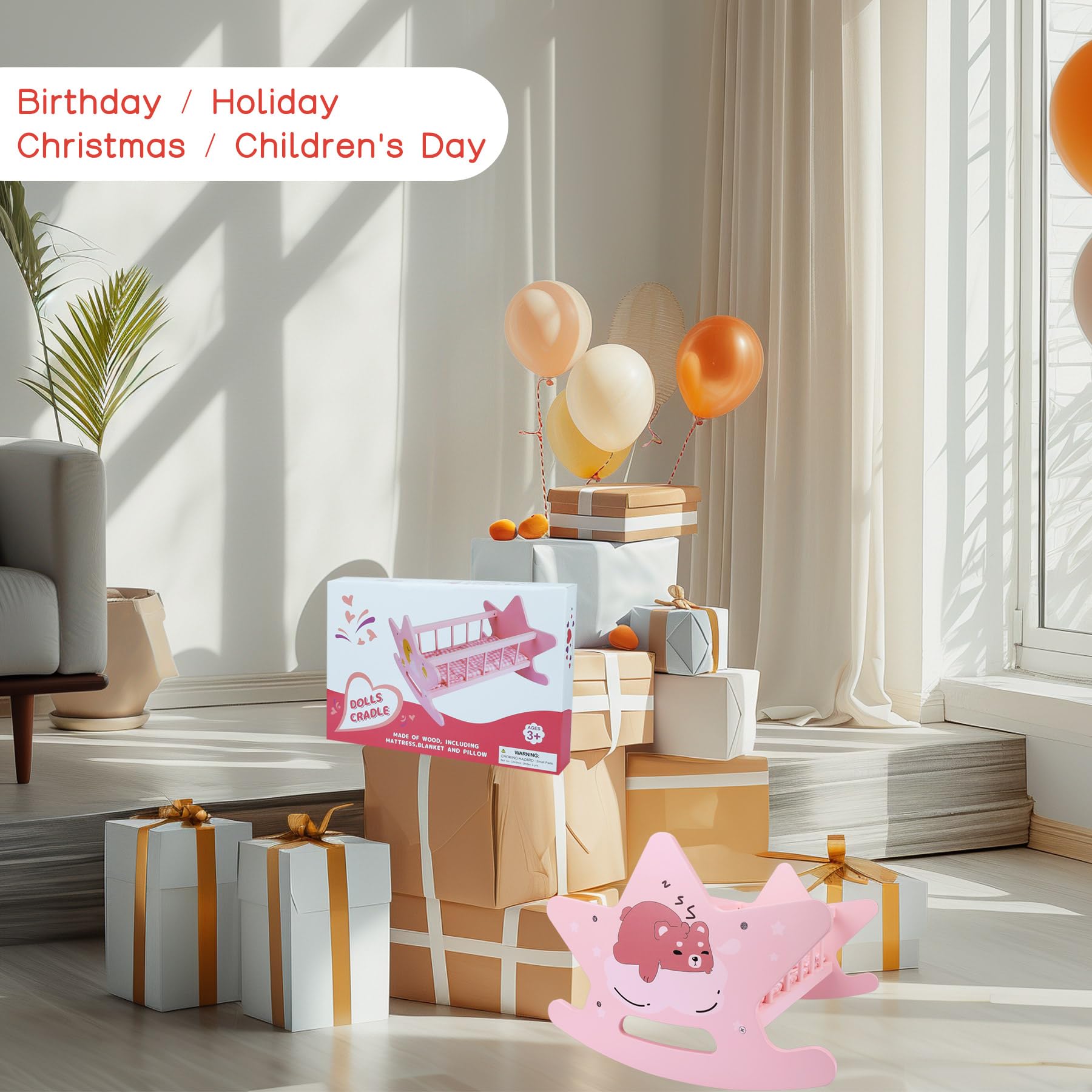 Cuna de Madera para muñecas, Adecuado para muñecas de hasta 46 cm, Rosa Juguete de Madera con Ropa de Cama, Juguete para Niños y Niñas a Partir de 3 Años