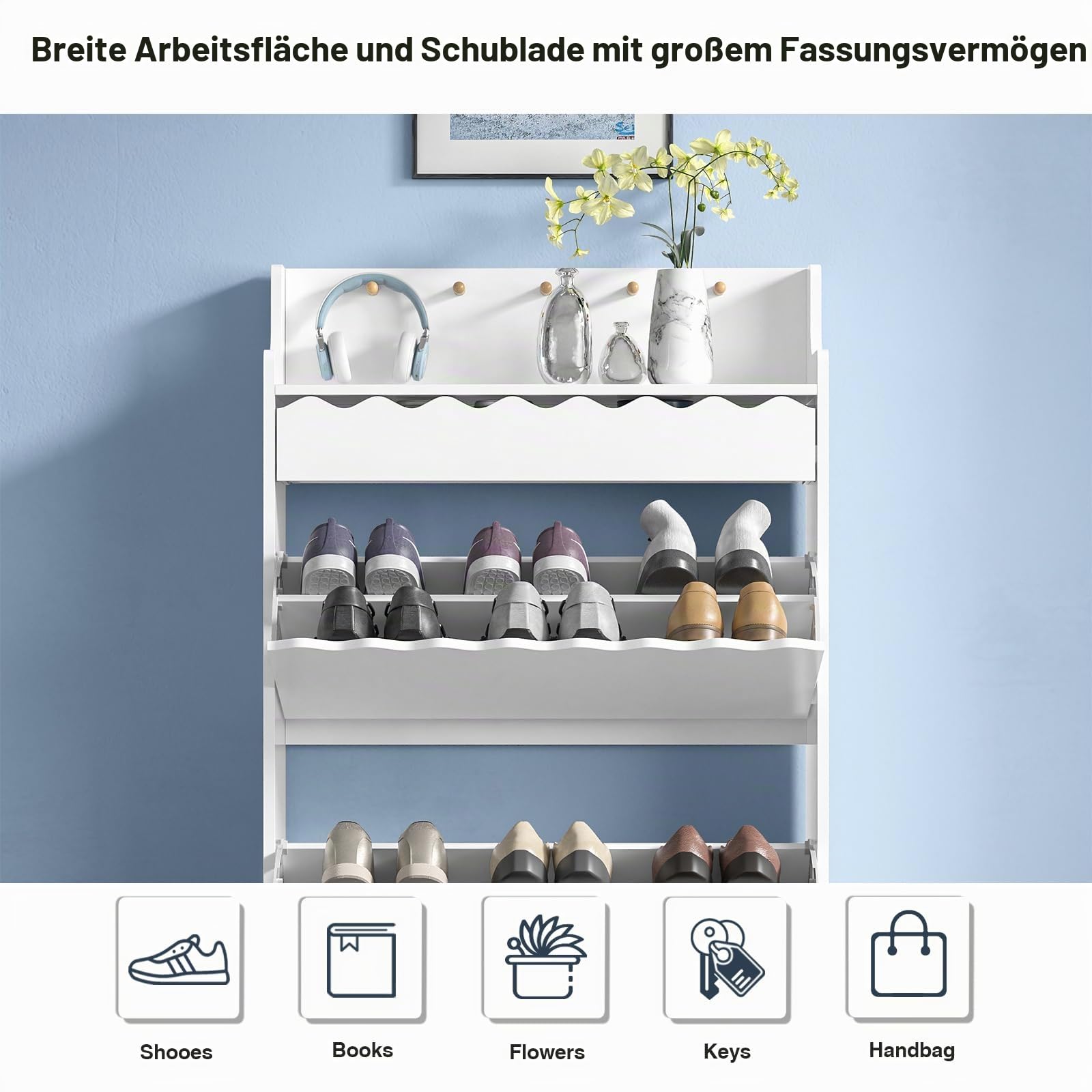Schuhschrank mit 2 Klappfächern, Schuhkipper Schmal mit Schubladen, schmaler versteckter Schuhregalschrank, platzsparender Schuhorganizer für Eingangsbereich, Diele, Flur, Weiß
