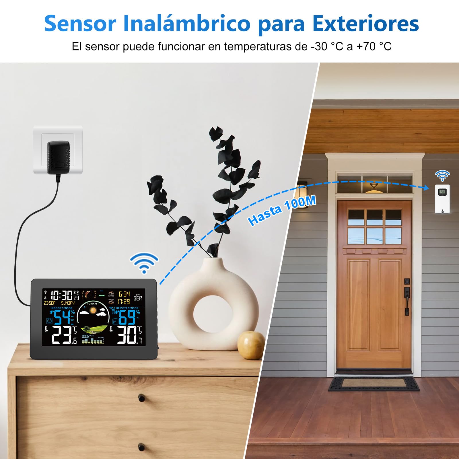 VIFLYKOO Estación Meteorológica Inalámbrica con Sensor Exterior, Estación Meteorológica Digital Multifuncional de Temperatura, Humedad, Presión Atmosférica, Pronóstico del Tiempo, Alarma