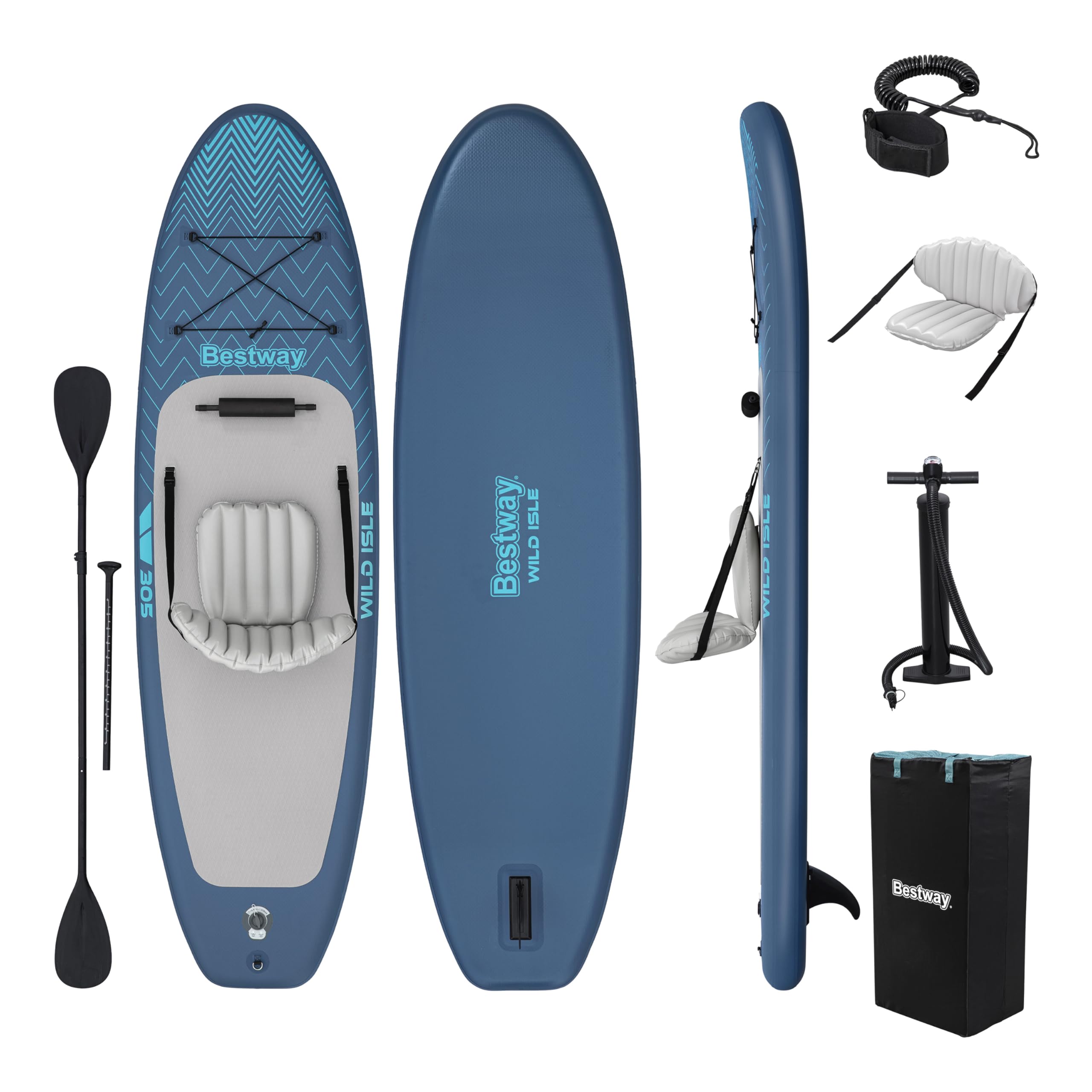 Bestway Wild Isle SUP Board Set mit Sitz 305x84x15 cm – Aufblasbares Stand Up Paddle Board & Kajak-Option, Allround Board bis 130 kg, inkl. Doppelpaddel, Pumpe & Rucksack