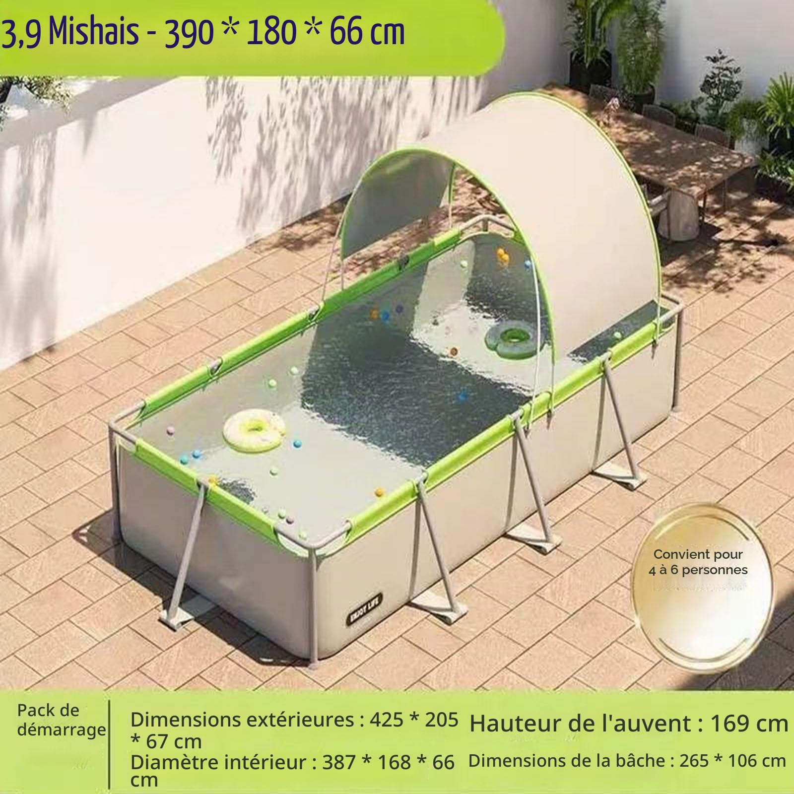 Grande piscine extérieure avec canopée, parasol pour cour, piscine pliable amovible pour adultes (1,9 m)