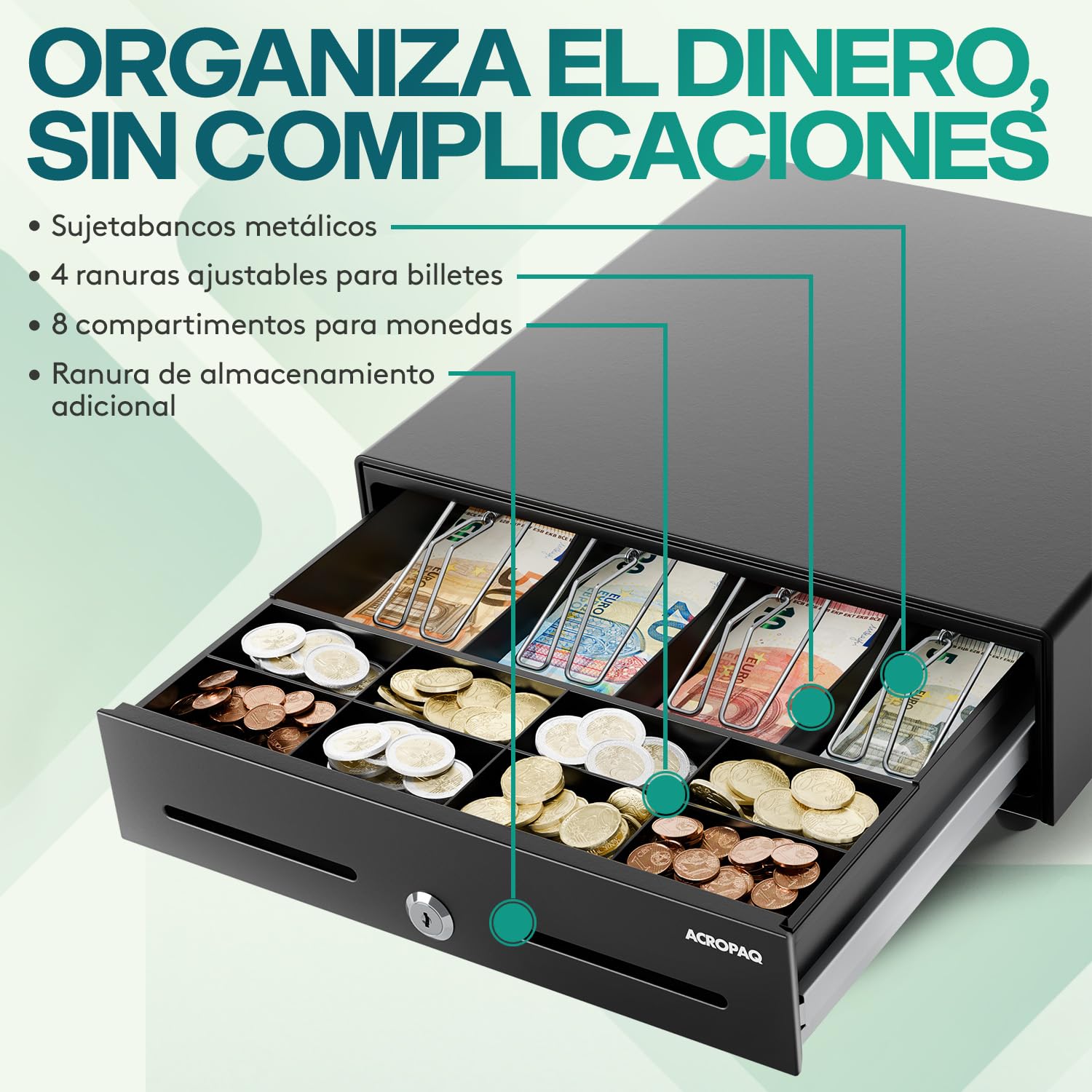 ACROPAQ Cajón portamonedas - Compatible con caja registradora RJ11, 4 compartimentos monedas y 8 billetes, (34 x 33 x 10 cm) Carcasa de metal resistente, Cajón metálico con inserto extraíble