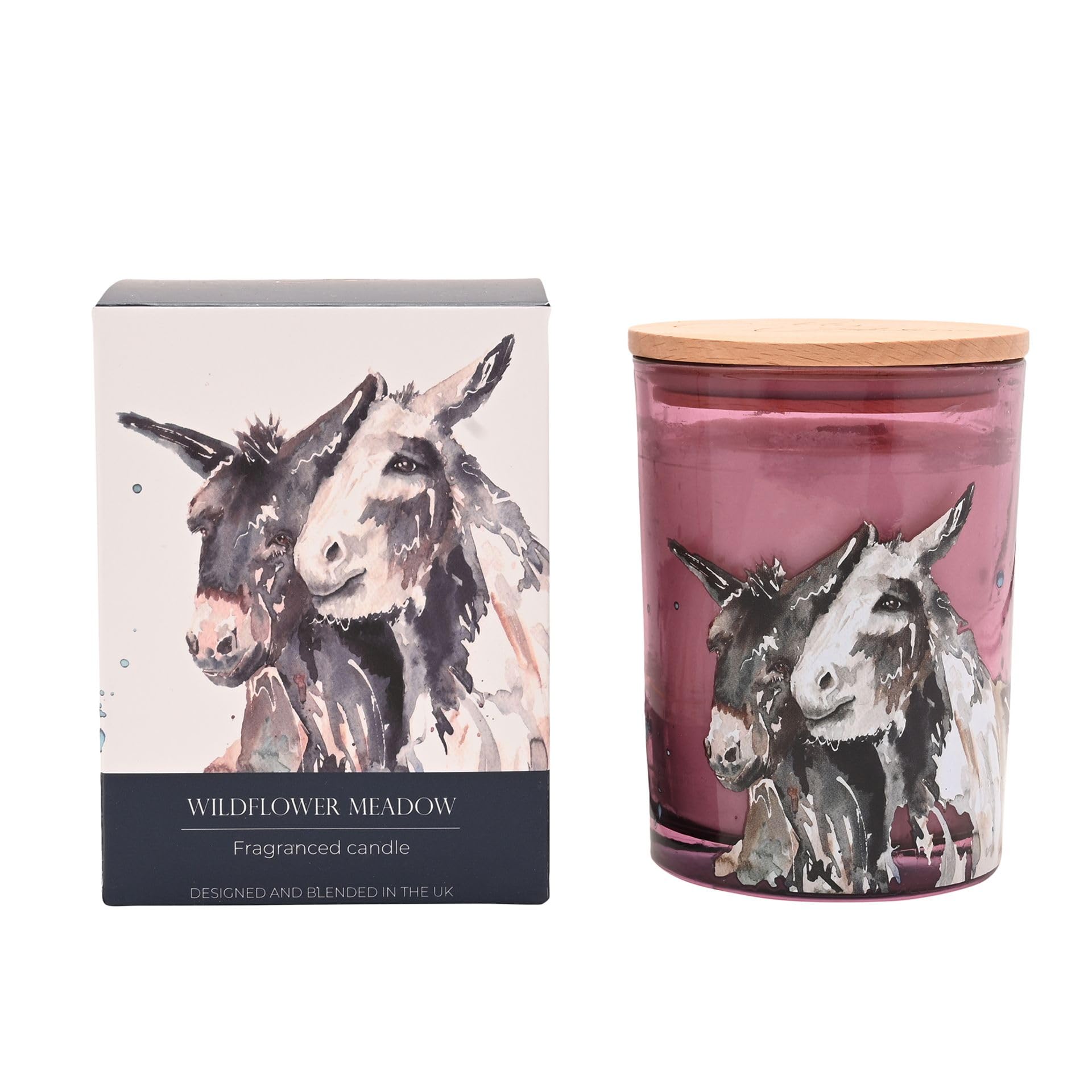 Meg Hawkins Pink 250G Candle – Glass Jar With Watercolour Wildlife Design – Luxury Fragranced Home Décor Gift. (Donkey - Wild Flower Meadow)