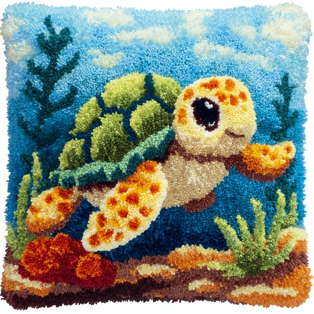 RKFLGEW Latch Hook Kits for Adults Beginners Cute Turtle 17X17 in DIY Crochet Pillow Kit Pre-Printed Pillowcase Hook and Latch Rug Kits Needlework Cushion Cover for Home Sofa Decoration