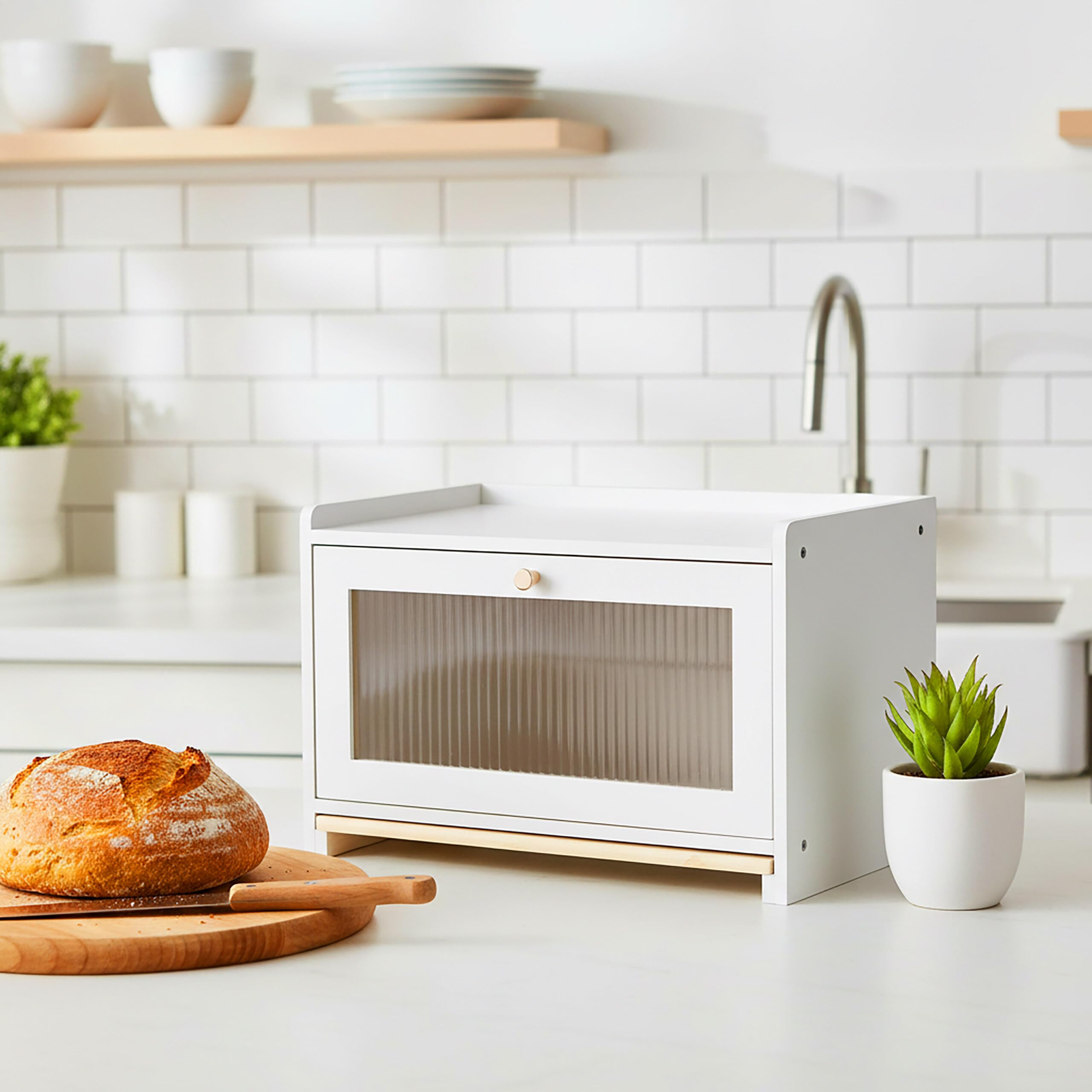 Relaxdays Contenitore Pane bambù con Tagliere e ripiano, Fori d'aerazione, Finestra acrilica