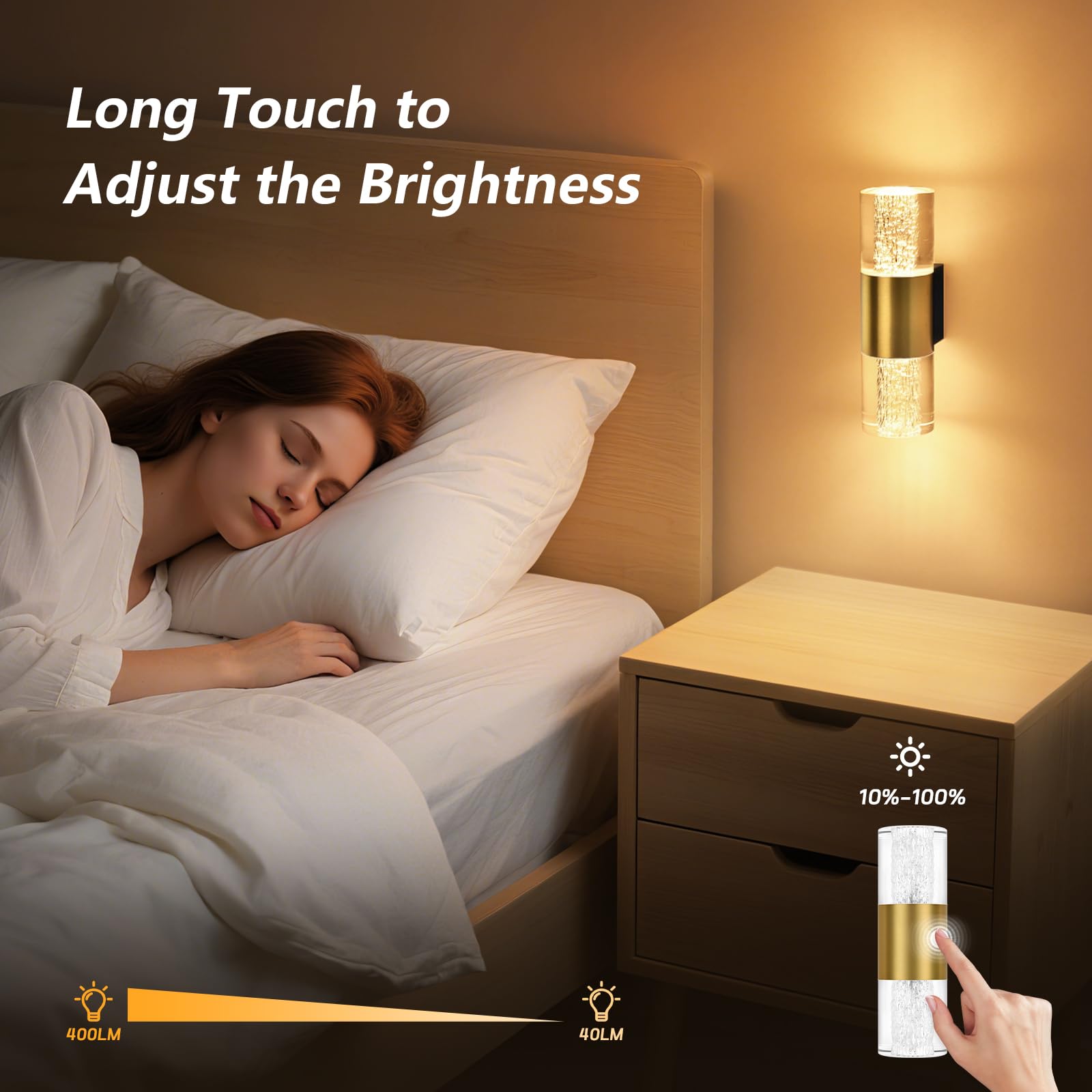 YindaLux 2 Stück LED Wandleuchte Dimmbar 4W 400LM, Touch-Bedienung Modern LED Wandlampe Innen 2700K 3000K 4000K, Nachtlicht Dimmbare für Schlafzimmer Korridor Wohnzimmer Treppe(Gold)