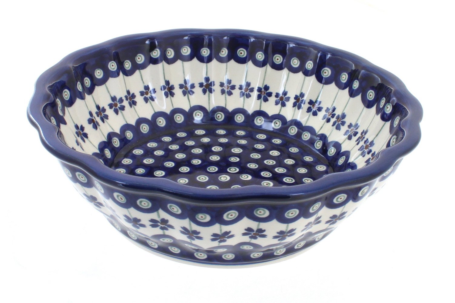 Blue Rose Polish Pottery Flowering Peacock Large Scalloped Bowl