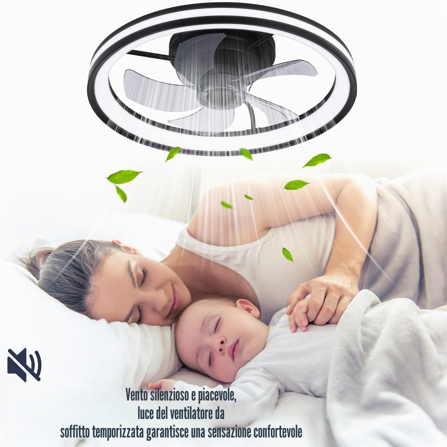 Ventilatore da soffitto con luce Ø50cm, telecomando, 6 velocità, 3 colori dimmerabili, modalità estate-inverno, timer