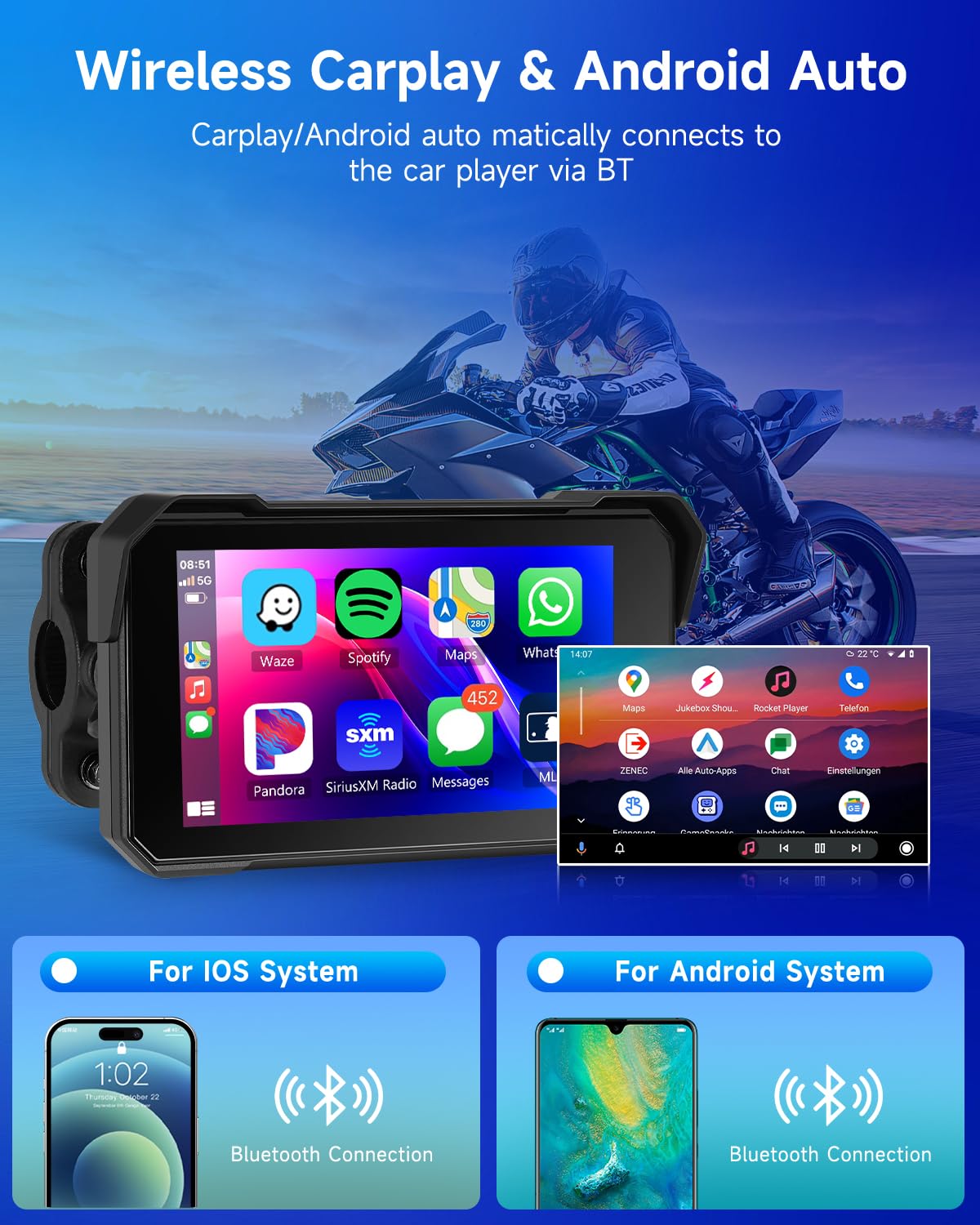 Rimoody 5 Zoll Motorrad Carplay Display - Kabellos Mit Android Auto & IP68 Wasserdicht