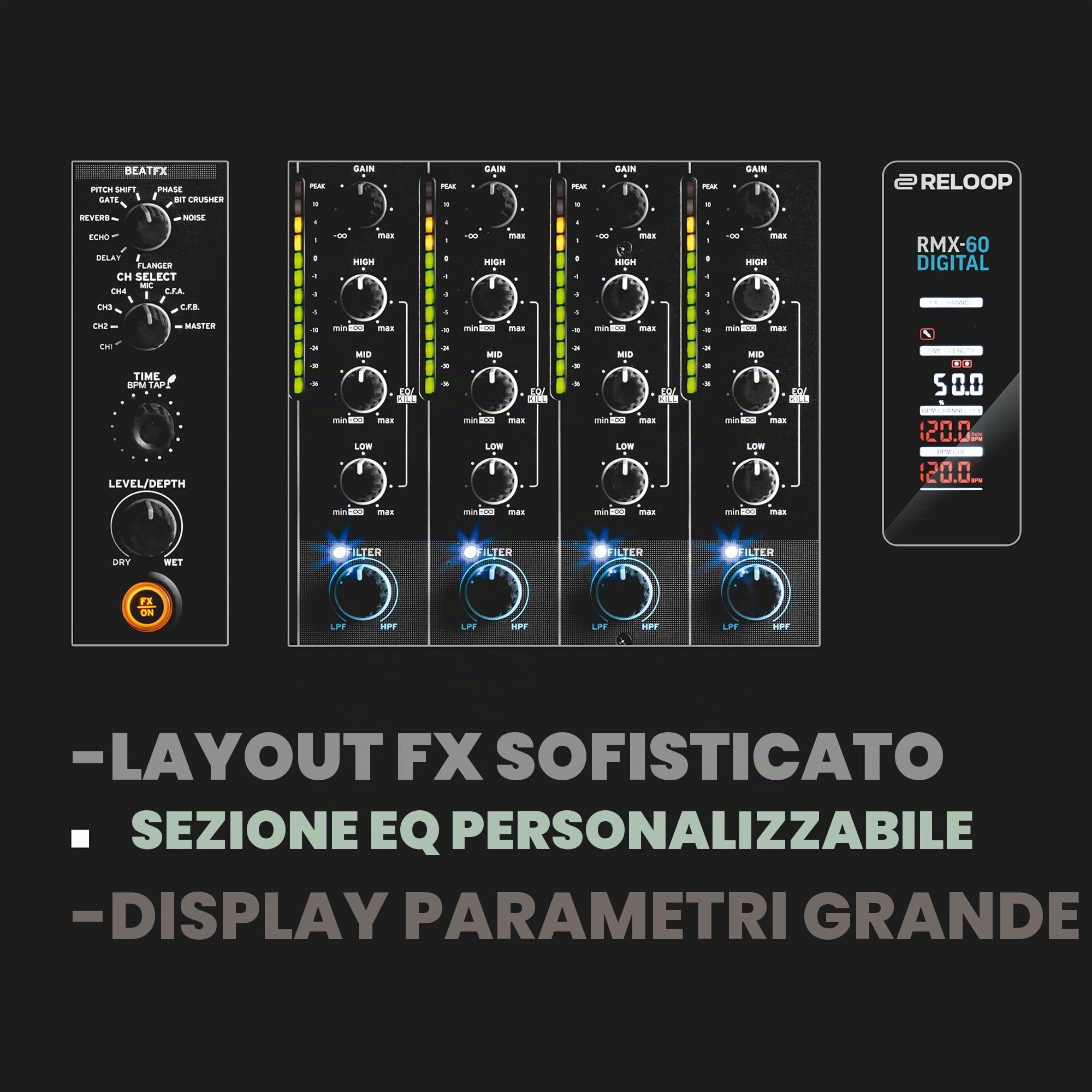 Reloop RMX-60 Digital - Mixer Club Classico A 4+1 Canali Con 8 Effetti In Qualità Studio, Compatibile InnoFader, Fader & Crossfader-Start E Regolazione Della Curva, Nero