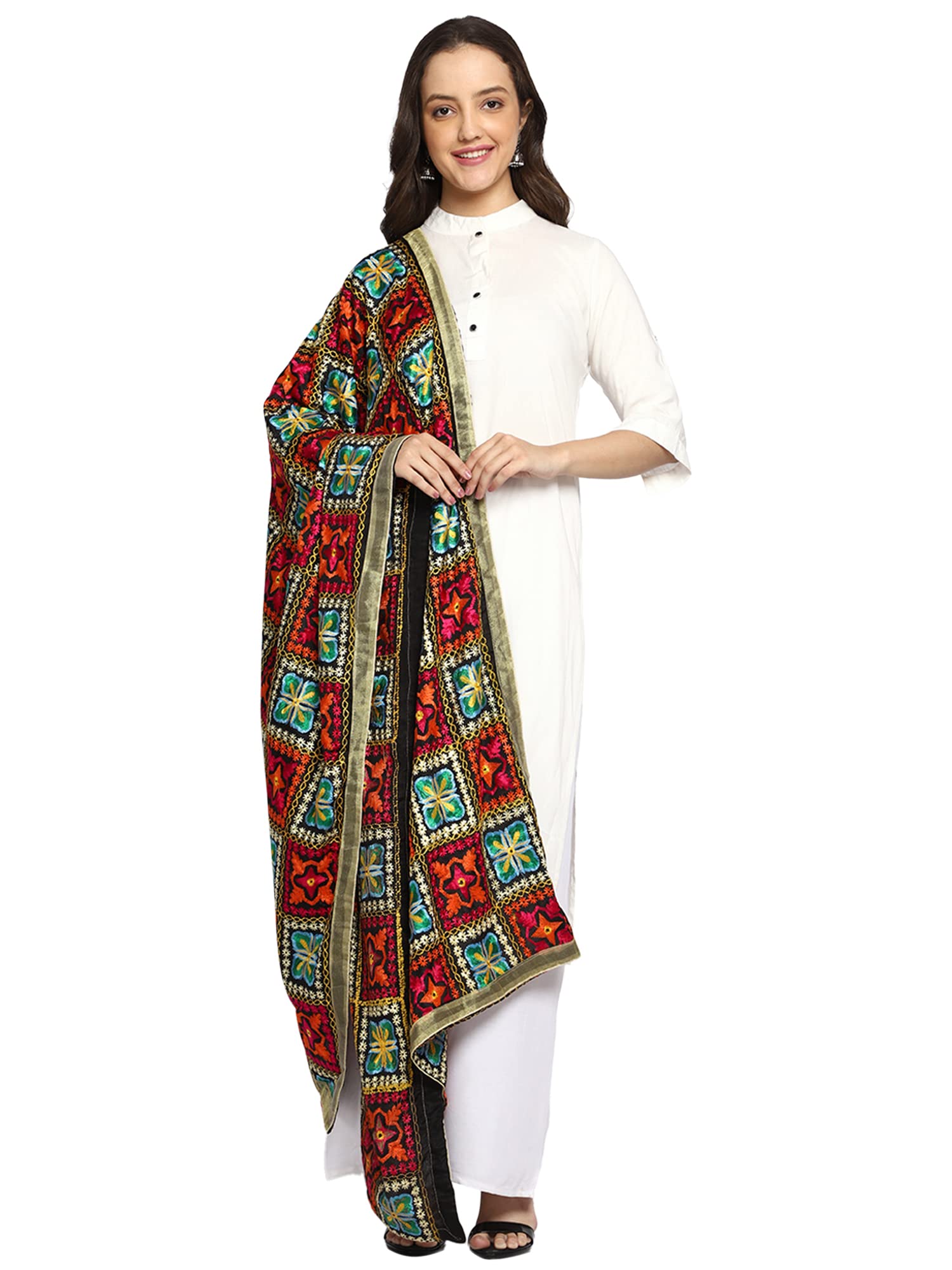 Weavers Villa Women's Polyester Heavy Phulkari Embroided Dupatta, Chunni (2.25 Mtrs) (Design-01)