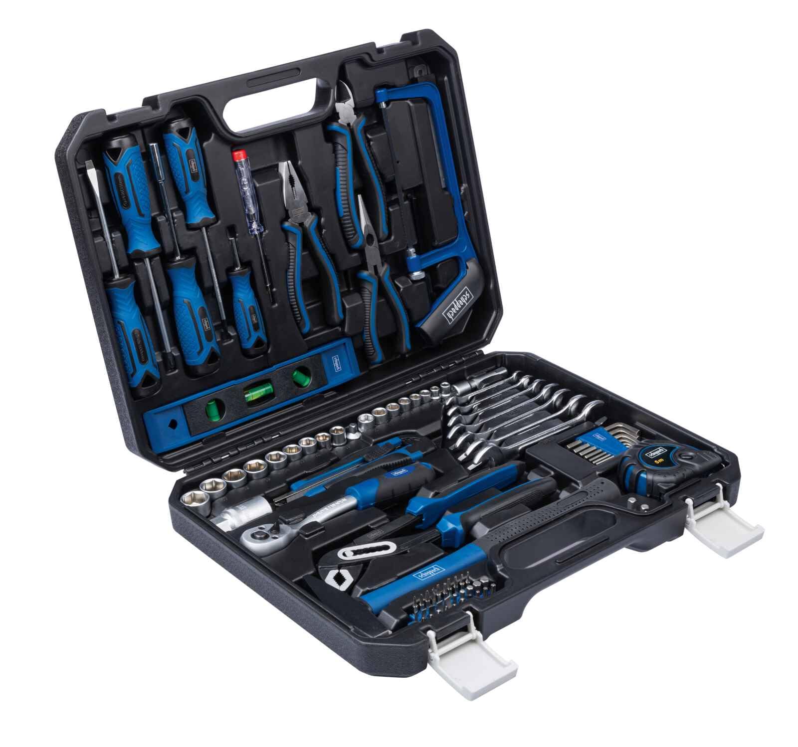 Scheppach Werkzeugkoffer WZK120 | 97-teiliges Werkzeugset in stabilem Kunststoffkoffer | Werkzeuge mit gummiertem Griff | Biteinsätze, Schraubendreher, Sechskant-Steckschlüsseleinsätze uvm.
