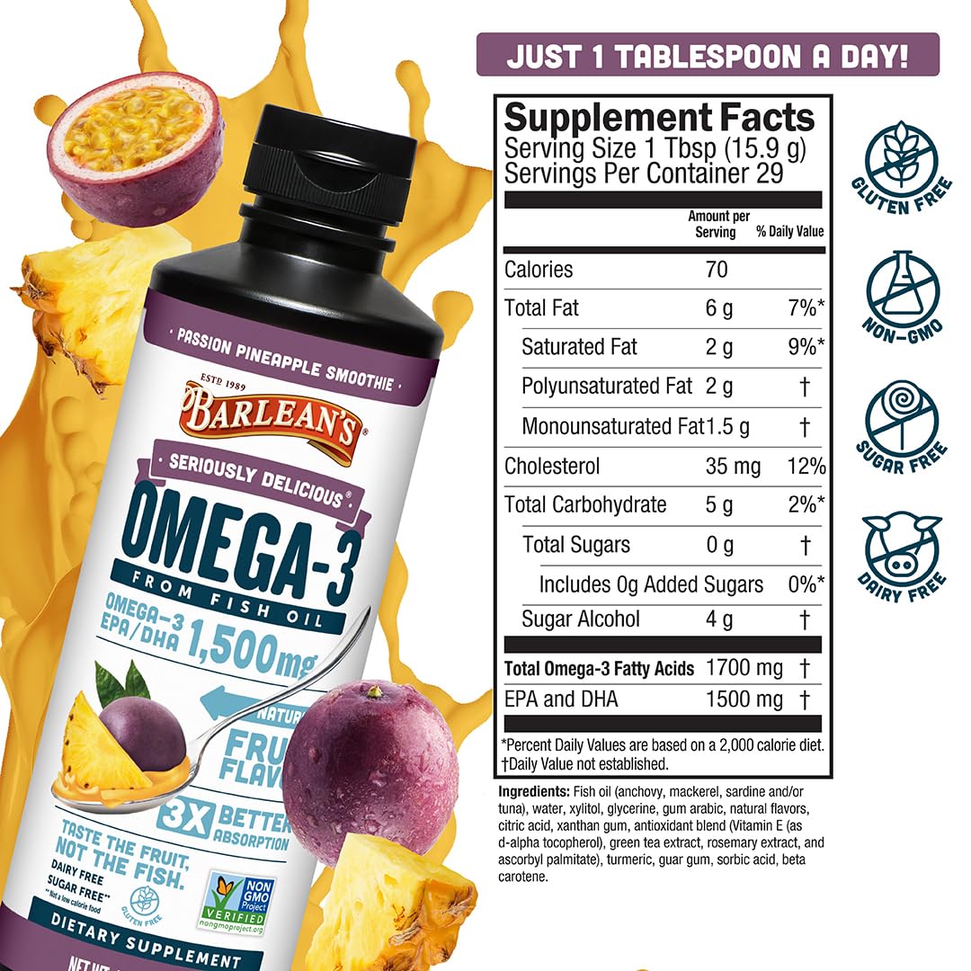 Barlean's Omega Ultra High Potency Passion Ananas Swirl Olej rybny, 1500 mg, 473.6 g