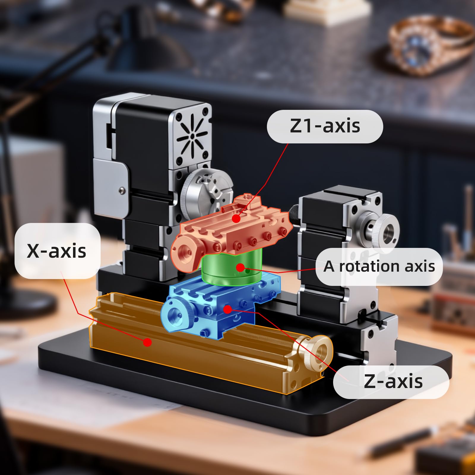 4-osiowa mikrotokarka z metalu o dużej mocy 60 W mini tokarka do obróbki metali (złota, srebra, aluminium, miedzi), drewna i tworzywa sztucznego, z ochroną bezpieczeństwa i