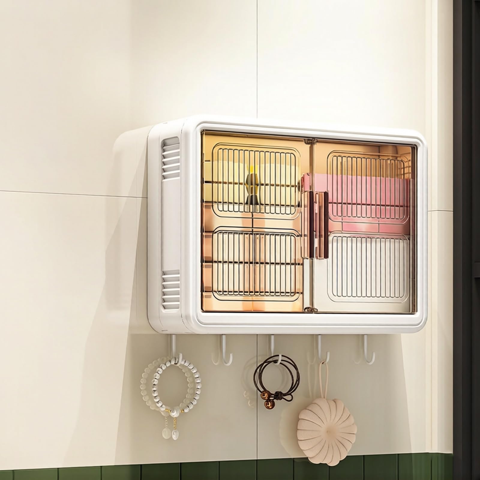 Armoire à Pharmacie Murale avec Portes, Meuble de Salle de Bain Suspendu sans Perçage, Petit Rangement WC avec Étagères Réglables et Crochets(43 * 13 * 32cm/16.9 * 5.1 * 12.6in)