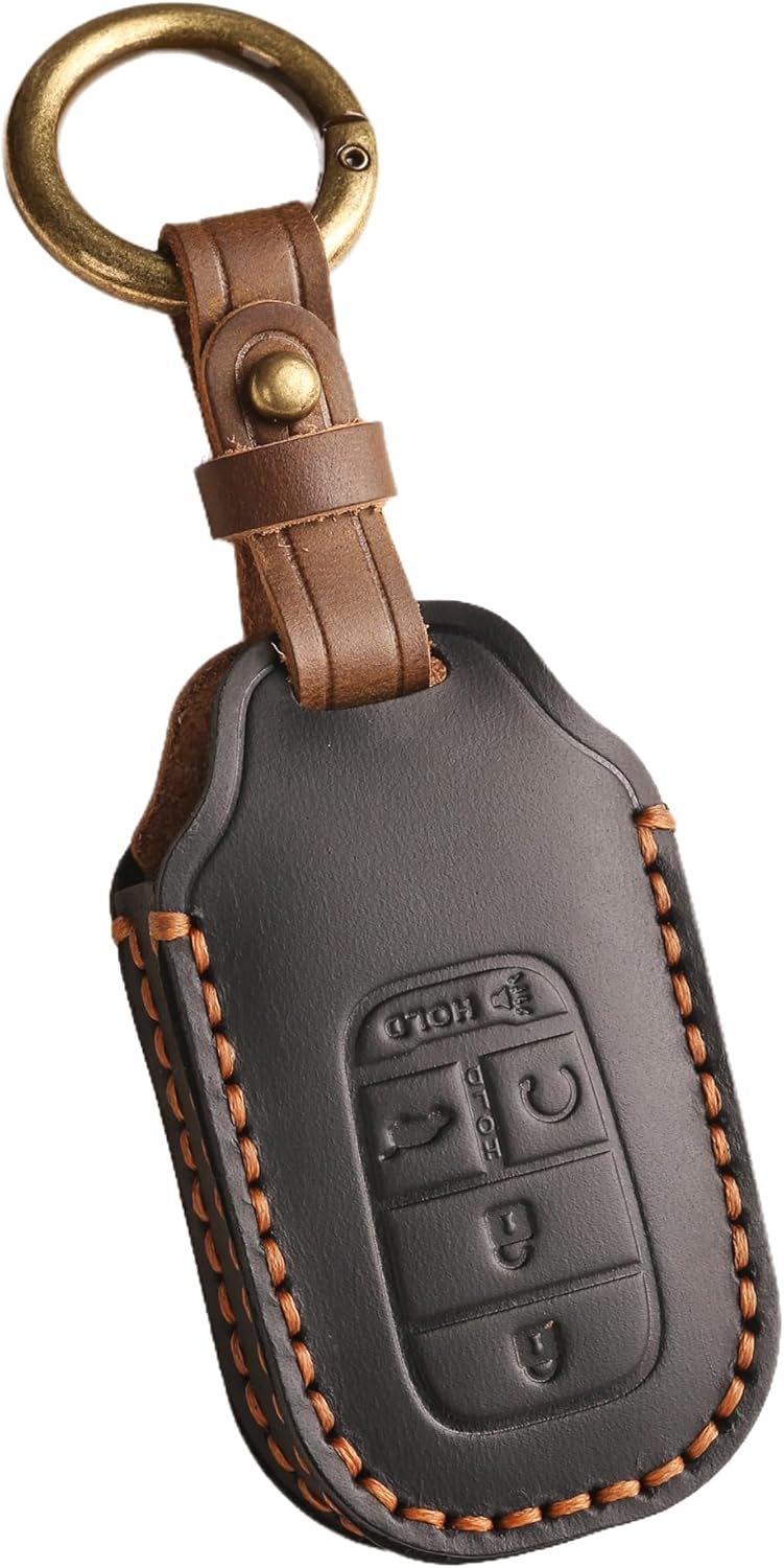 Vintage Leather 5-Button Key Fob Cover Case for Honda Civic Accord CRV HRV Pilot 2023 2024 2025 2026, Handmade Crazy Horse Leather, Black