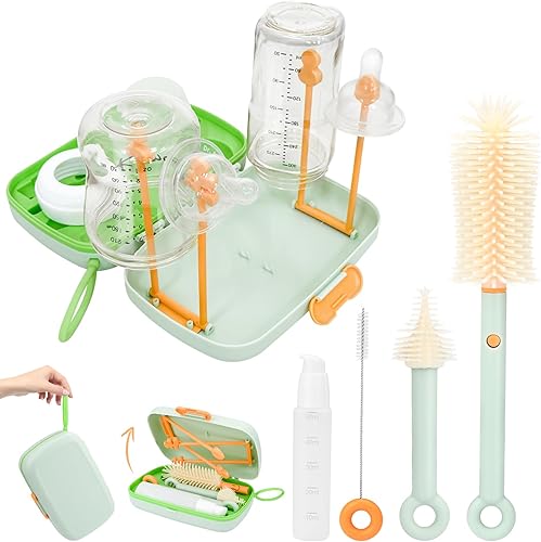 Miniatura 1 de Kit limpiador de botellas de viaje 7 en 1 con estante de secado de botellas, cepillo de botella de limpieza de 360, cepillo para pezones, cepillo de