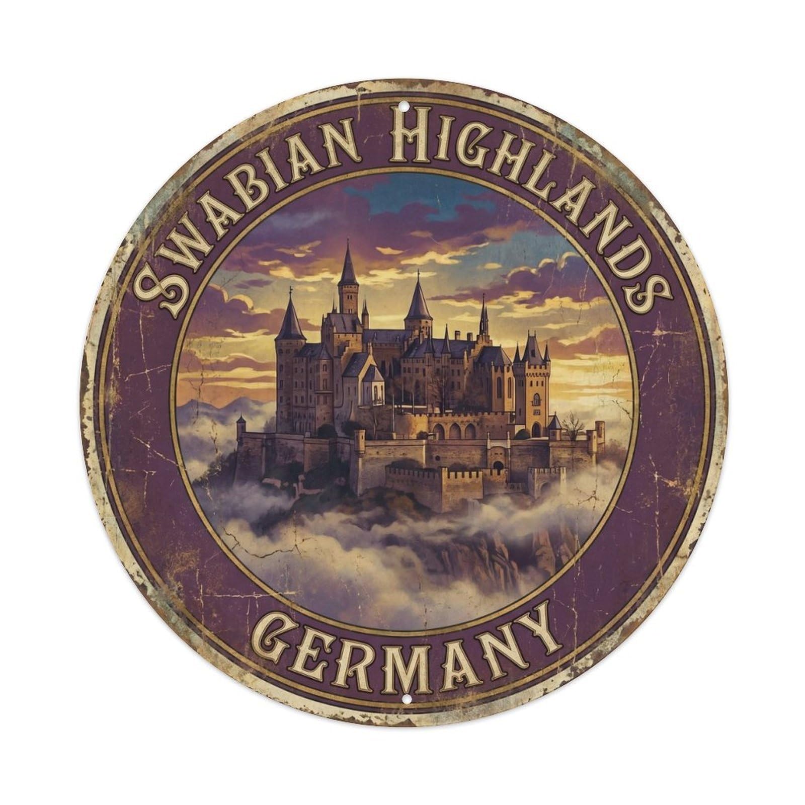 Vintage Travel Swabian Highlands Germany Metal Tin Sign Plaque Wall Decor for Cafe, Club, Garden Round Metal Poster 8x8Inch