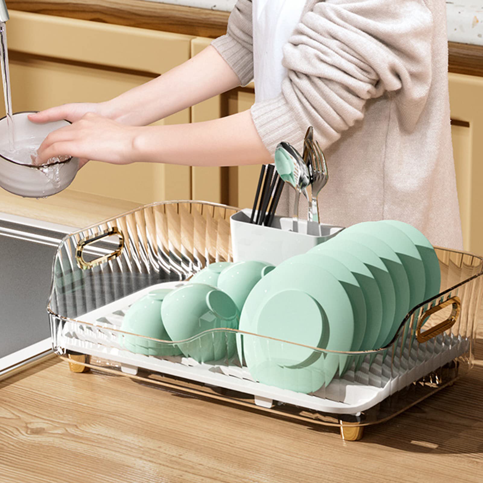 Verstellbares, weißes Abtropfgestell und Besteckkorb aus Kunststoff – platzsparendes Design für müheloses Trocknen und stilvolles Küchen-Display, perfekt für kleine Räume