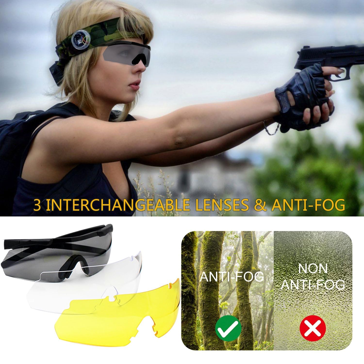 Outdoor Tactical Glasses with 3 Interchangeable Lenses, High Impact resistance Shooting Glasses, Unisex Safety Eyewear - Anti fog UV400 Eye Protection Sunglasses for Hunting Cycling Driving Compact